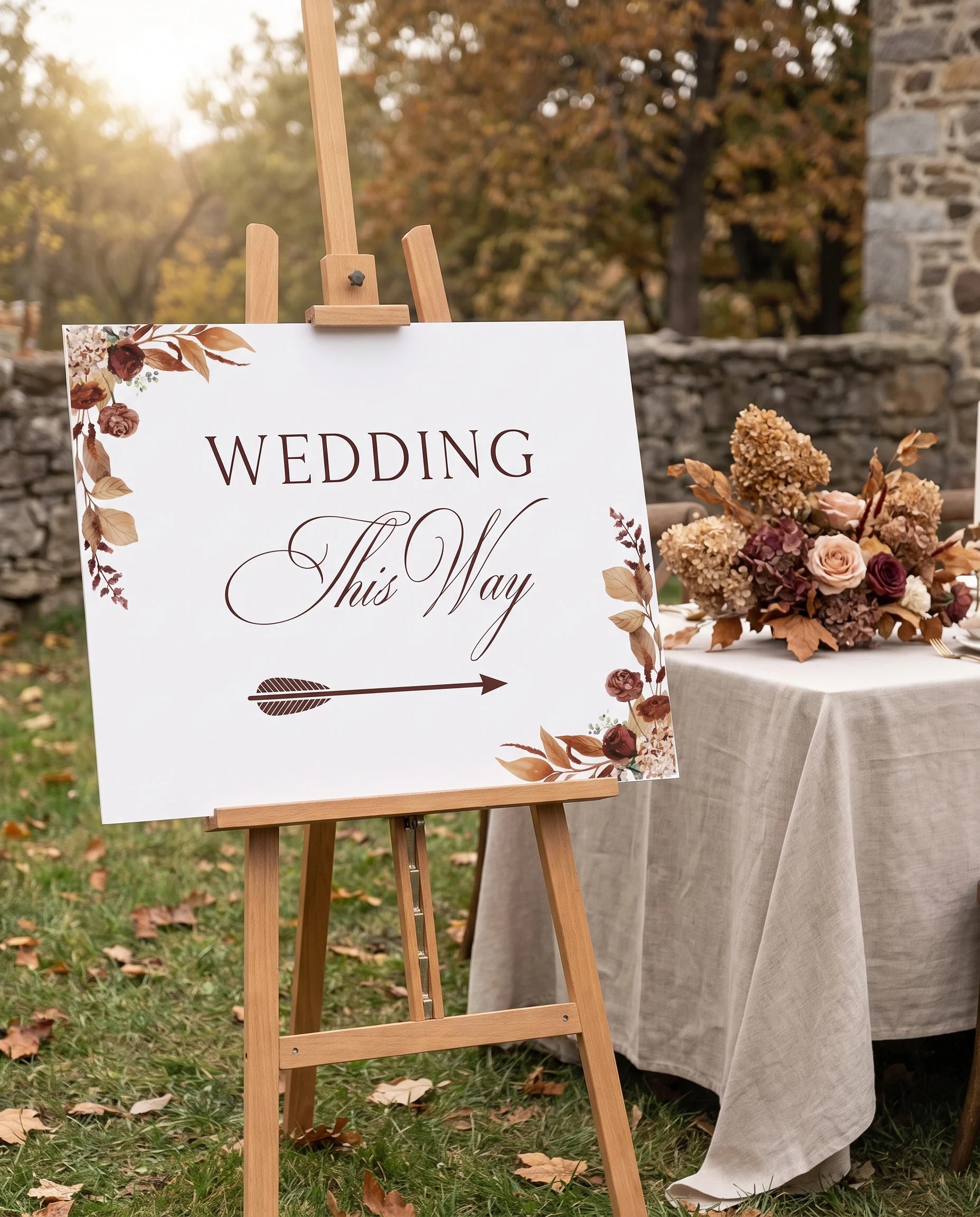 Bramble Row wedding directional sign — displayed in a wedding venue setting under soft natural light, premium editorial paper wedding signage.