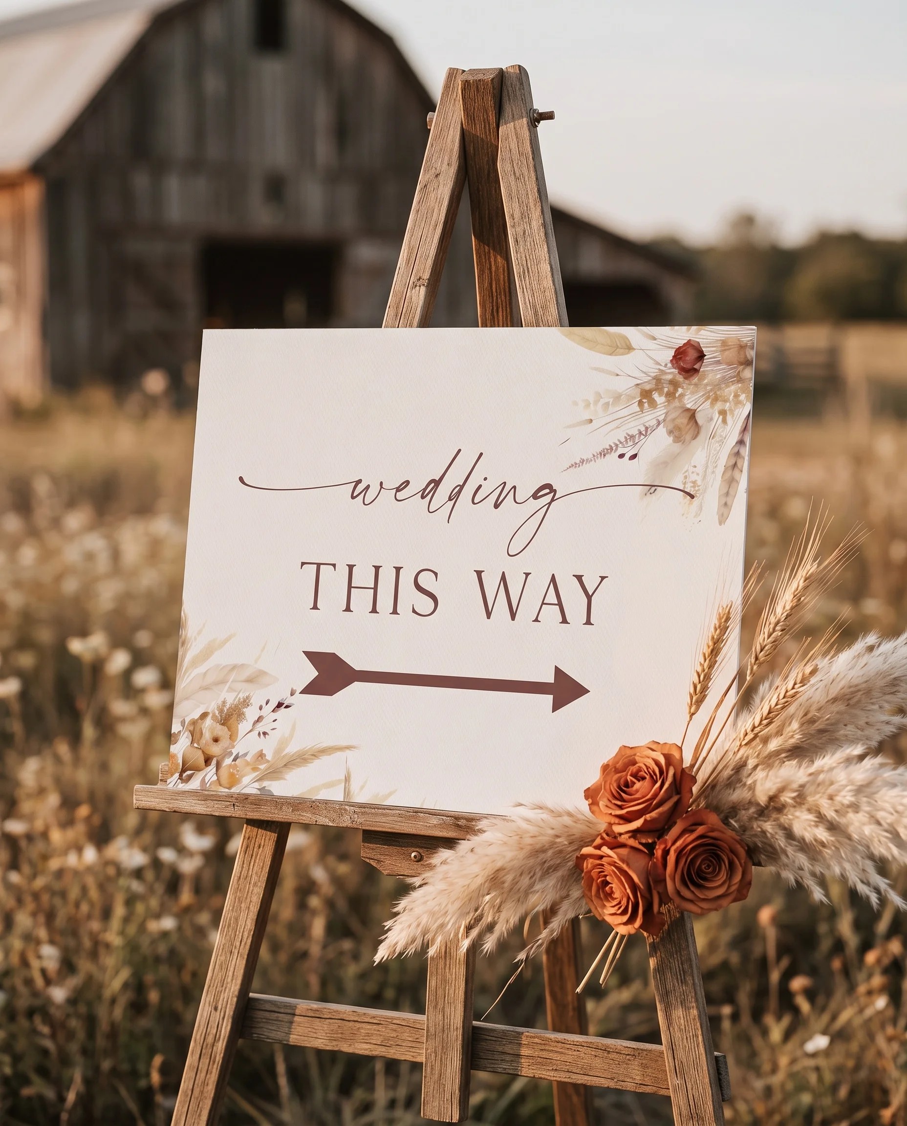 Harvest Script wedding directional sign — displayed in a wedding venue setting under soft natural light, wedding signage