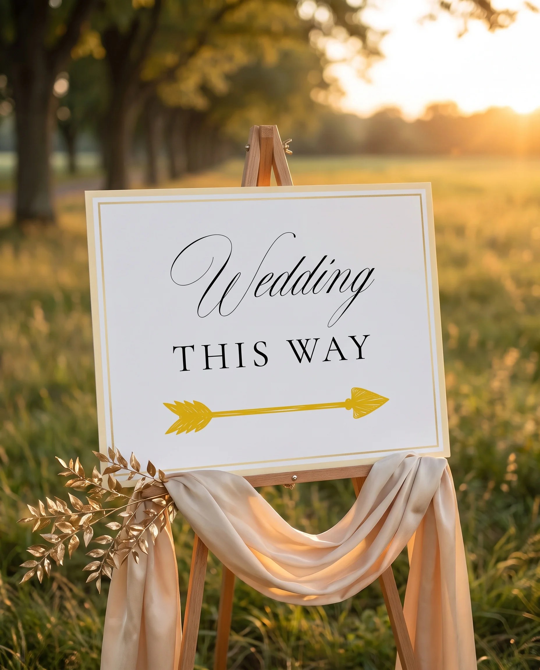 Gilded Bough wedding directional sign — shown in a wedding venue setting under soft natural light, wedding signage