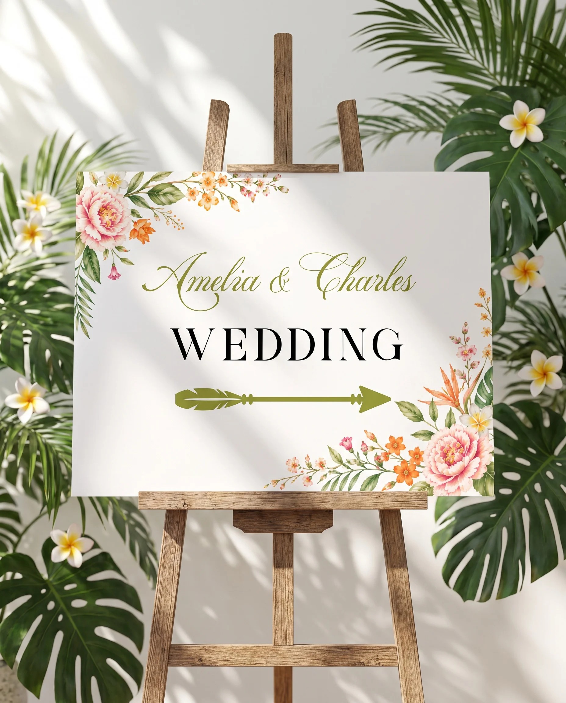 Plumeria Peony wedding directional sign — displayed on an easel under soft natural light with a slight overhead angle, wedding signs.