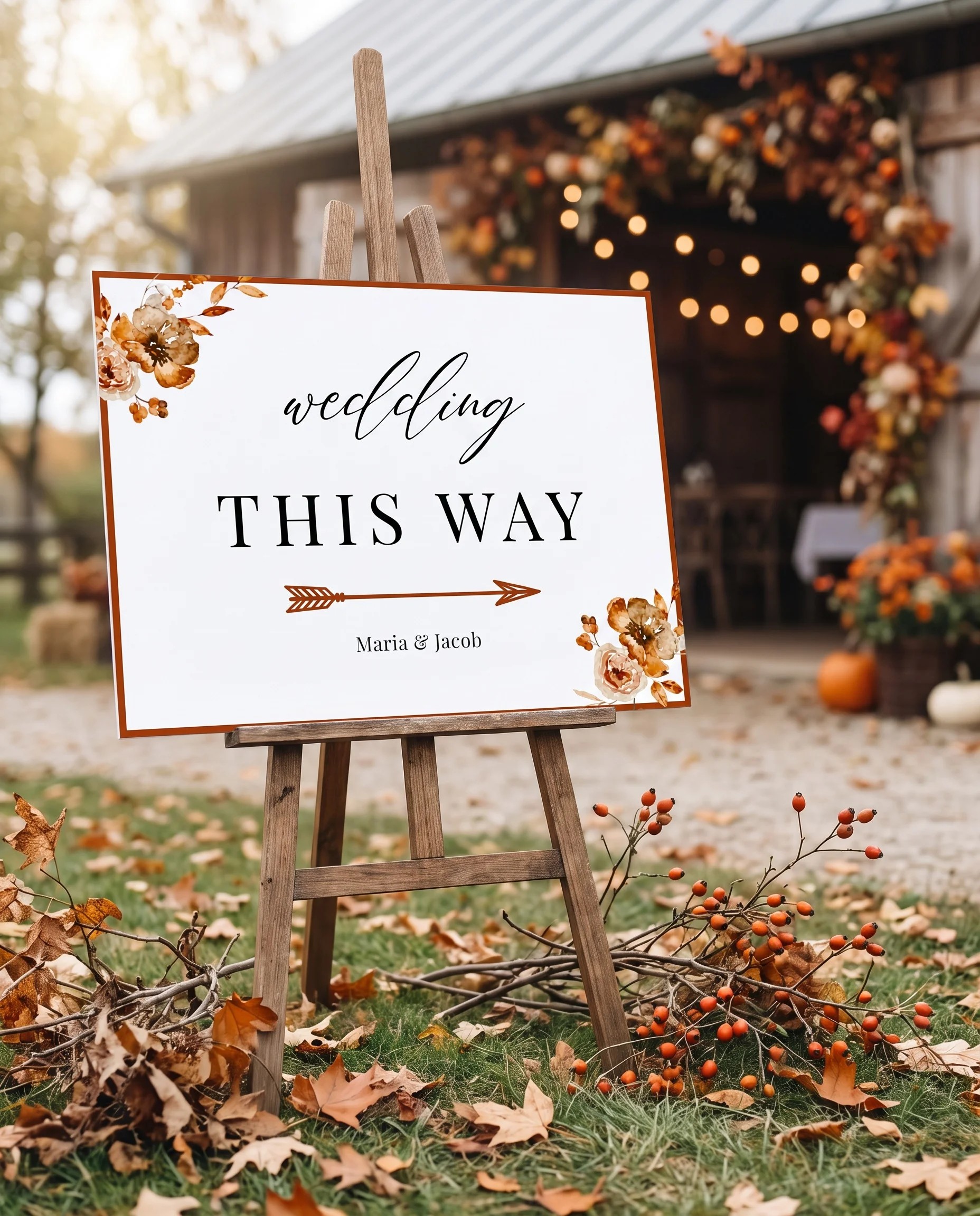 Autumn Bramble wedding directional sign — displayed in a wedding venue setting under soft natural light, wedding signage