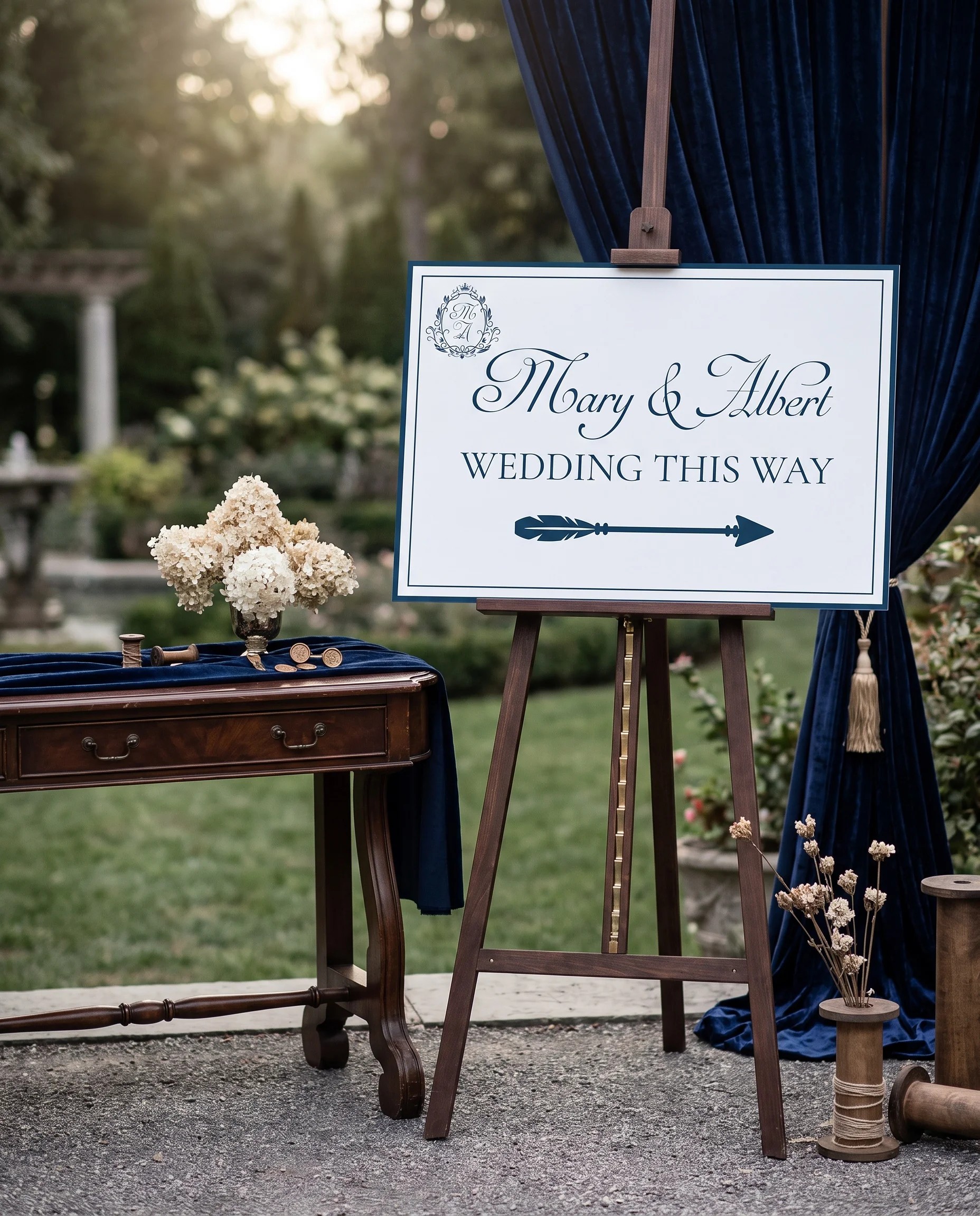 Windsor Crown wedding directional sign — single page shown at a slight overhead angle on editorial paper in soft light, printable wedding signs.