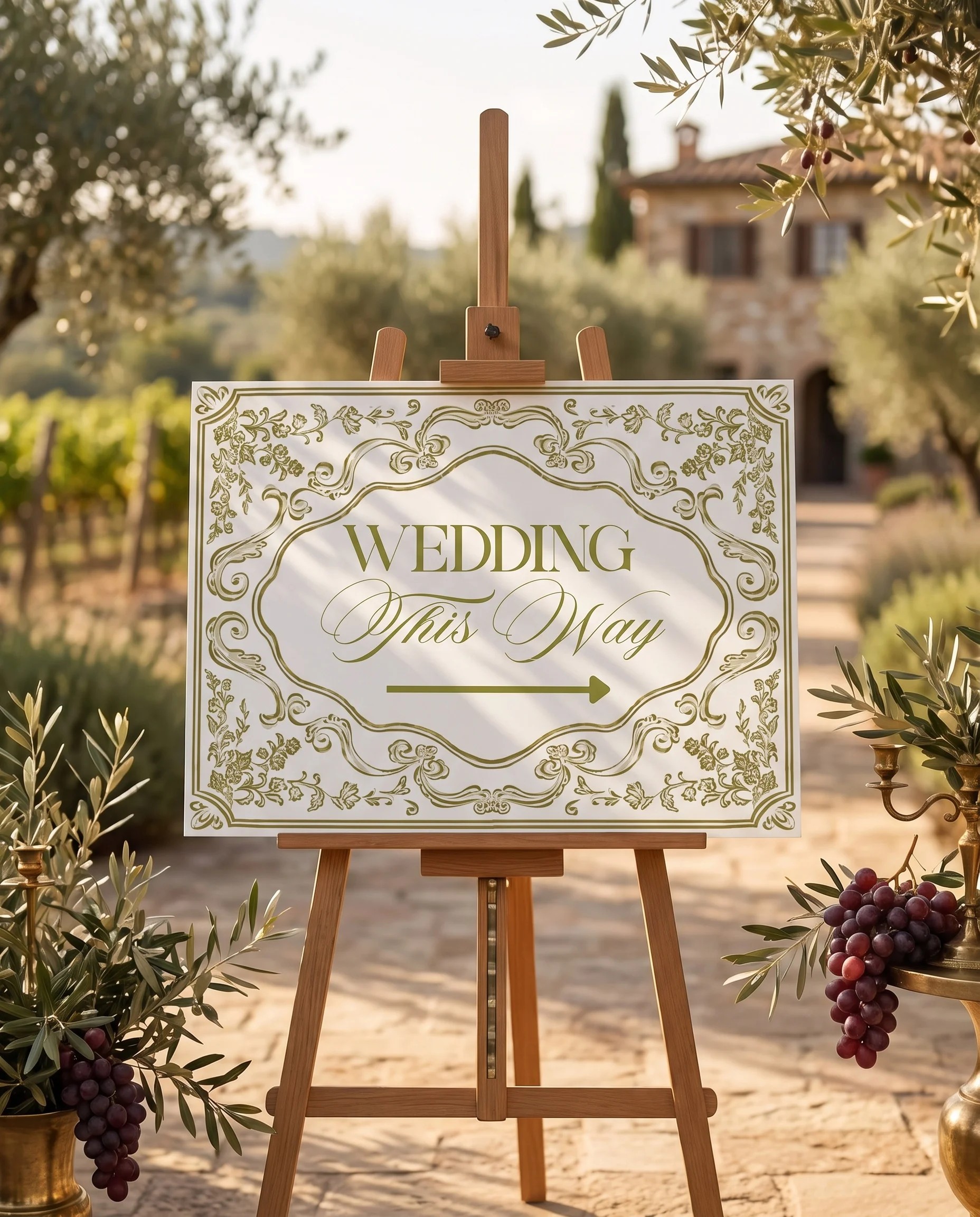 Olive Baroque wedding directional sign — displayed in a wedding venue setting under soft natural light, wedding signage