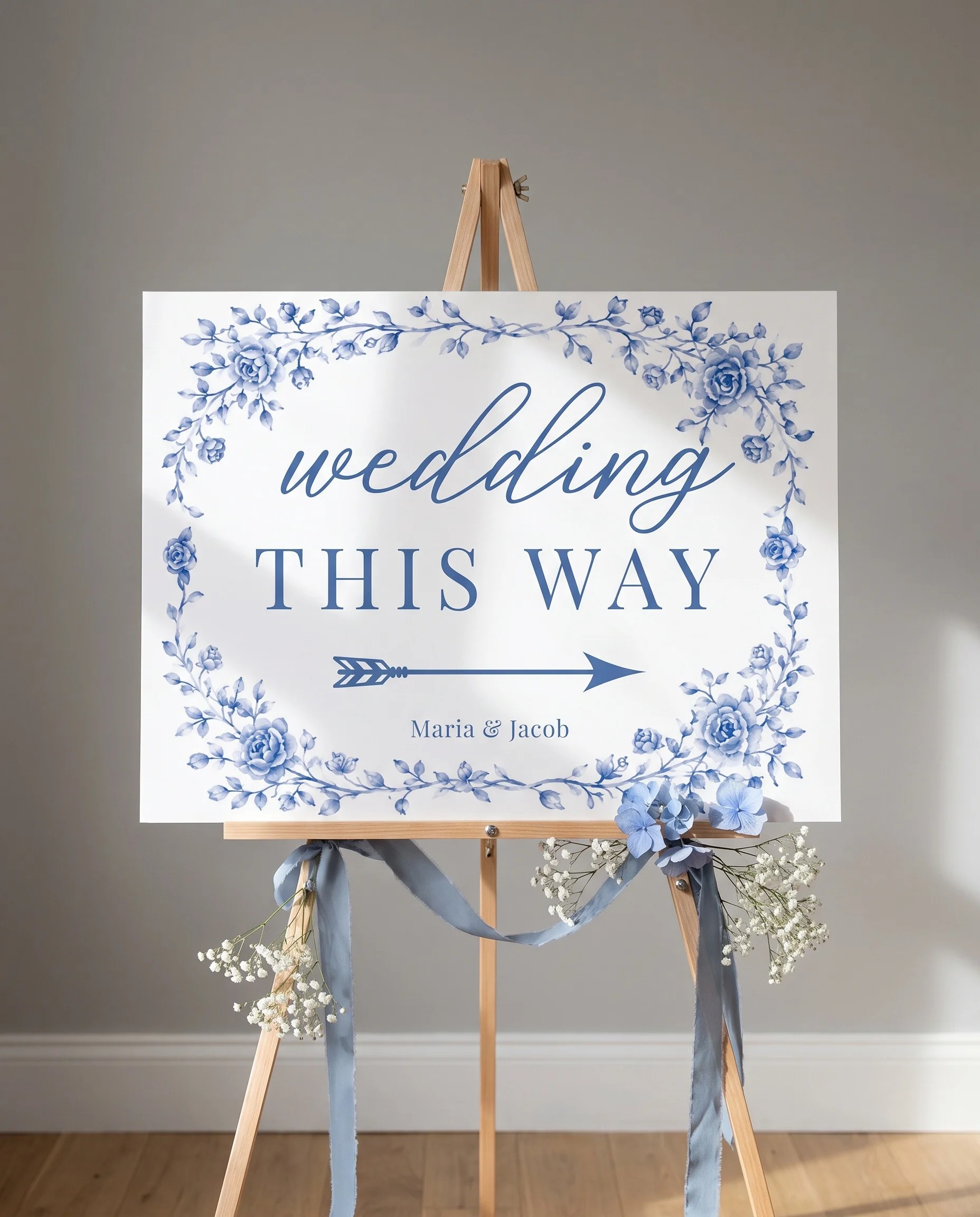 Blue Heron wedding directional sign — shown beside furniture for scale on premium editorial paper under soft natural light, printable wedding signs.