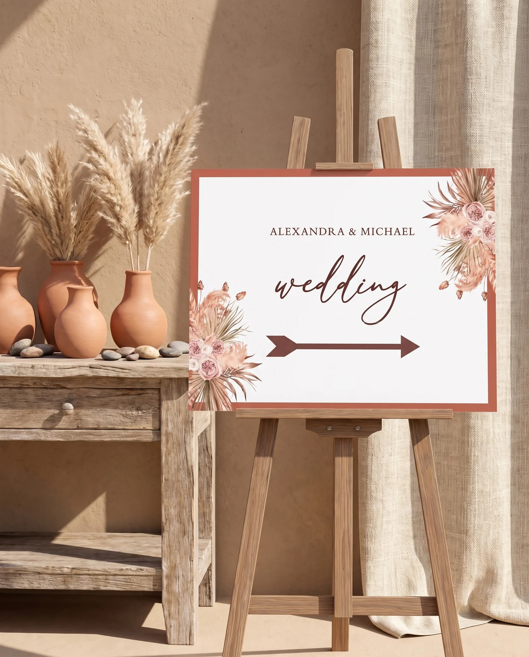 Desert Bloom wedding directional sign — shown beside furniture for scale on premium editorial paper under soft natural light, printable wedding signs