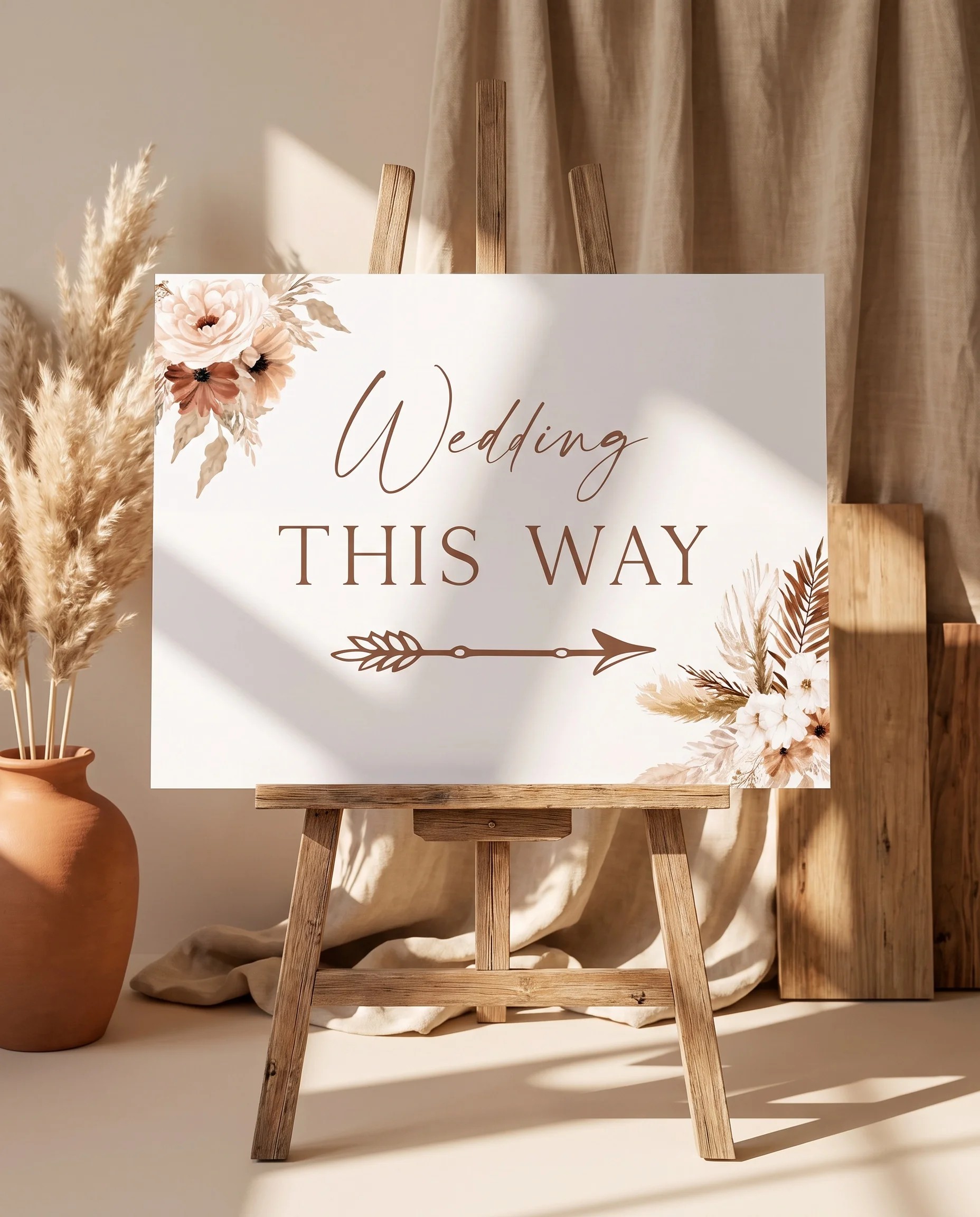 Pampas Bloom wedding directional sign — displayed on an easel under soft natural light with a slight overhead angle, wedding signs.