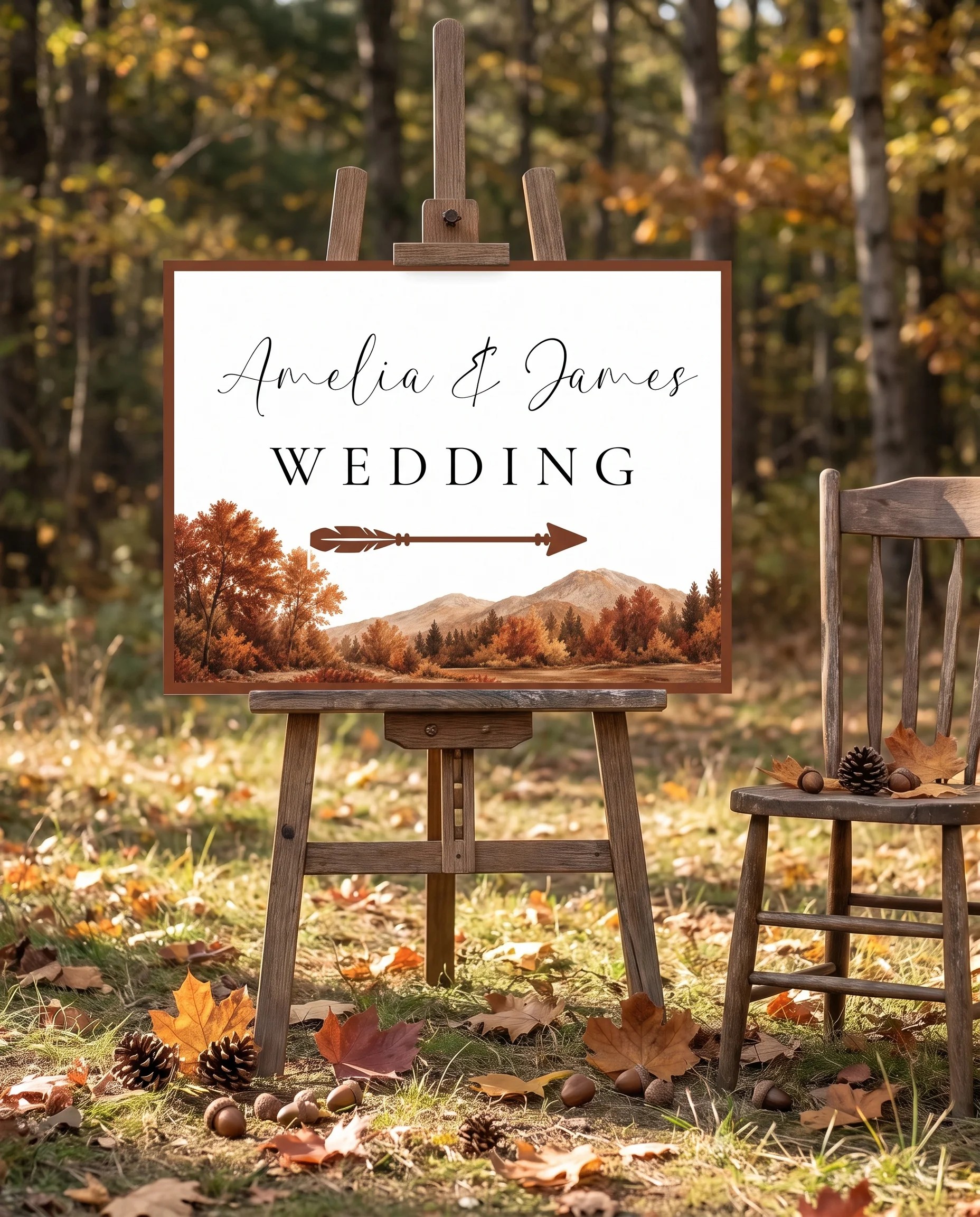 Timberline Reverie wedding directional sign — shown beside furniture for scale under soft natural light, printable wedding signs.