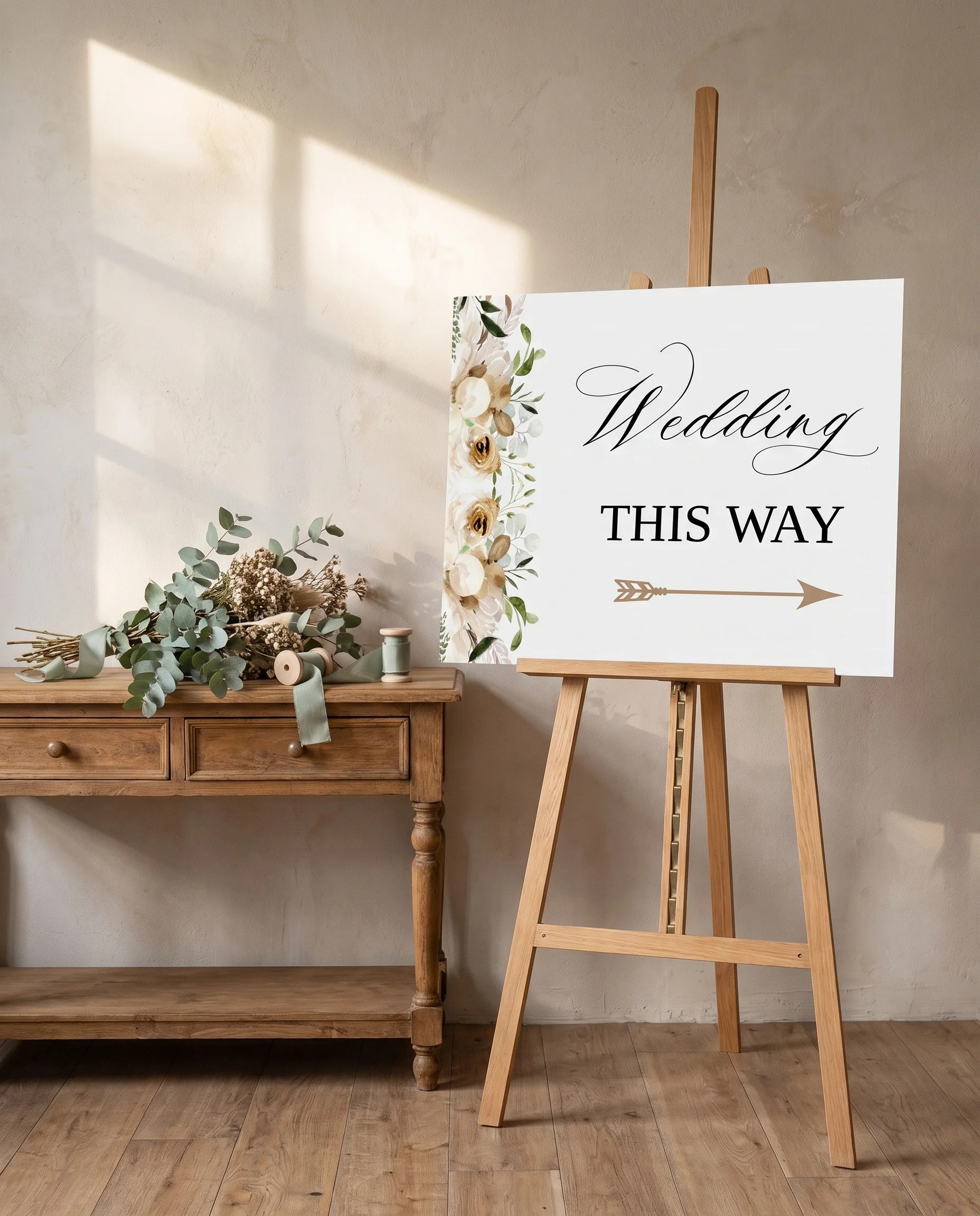 Meadow Veil wedding directional sign — shown beside furniture for scale on premium editorial paper under soft natural light, printable wedding signs.