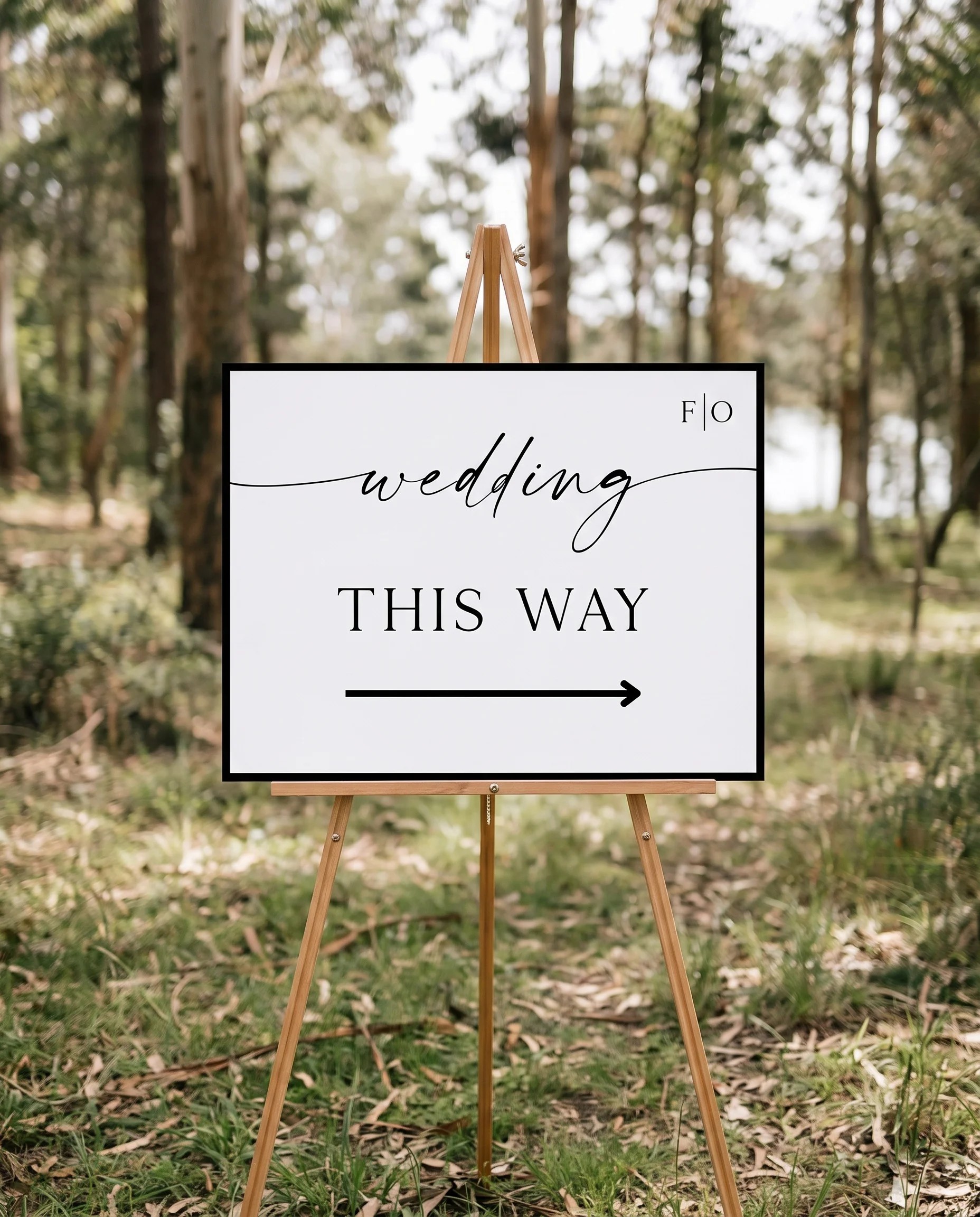 Lumen Frame wedding directional sign — displayed on an easel under soft natural light with a slight overhead angle, wedding signs.