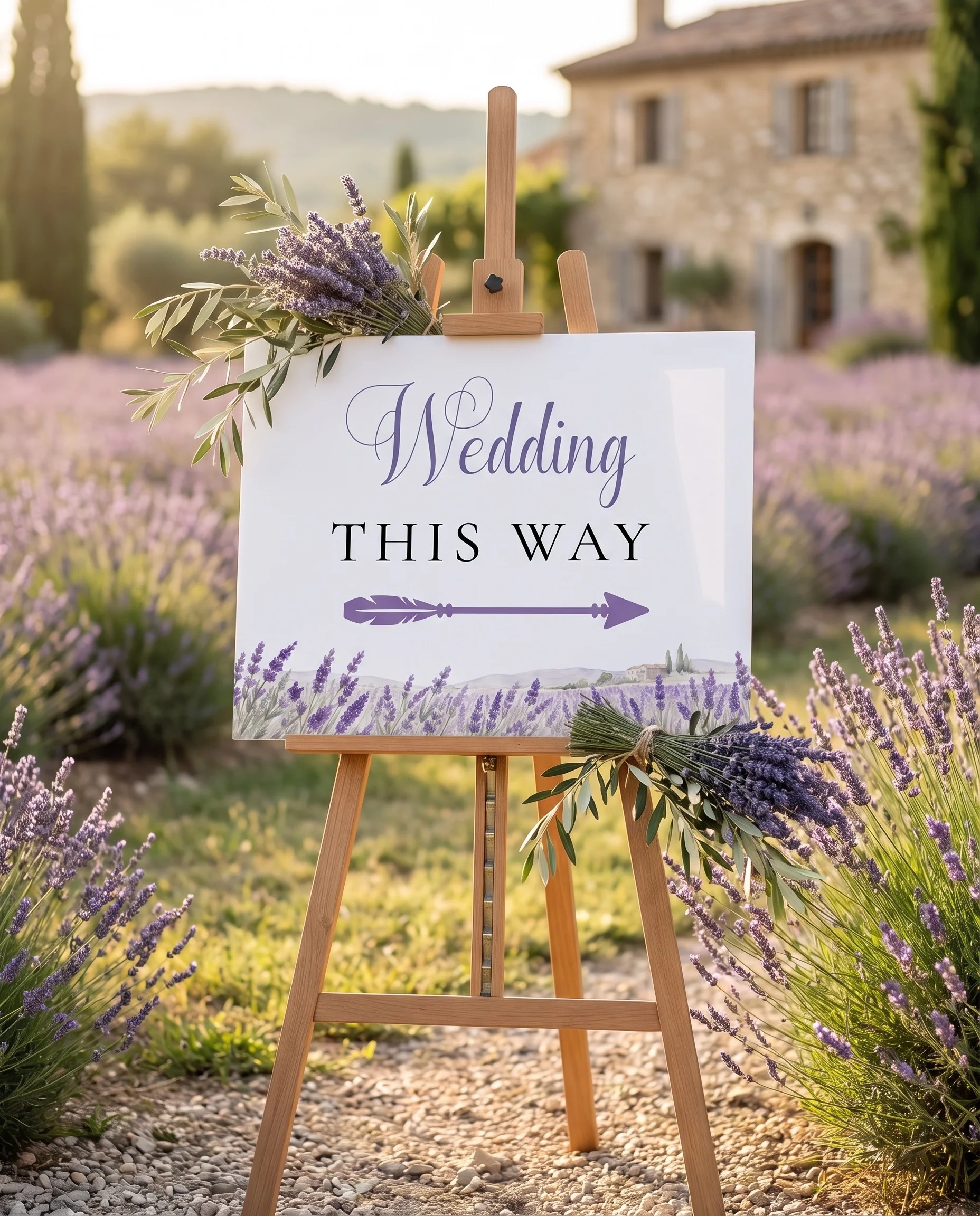 Provence Fields wedding directional sign — displayed in a wedding venue setting under soft natural light, premium editorial wedding signage.