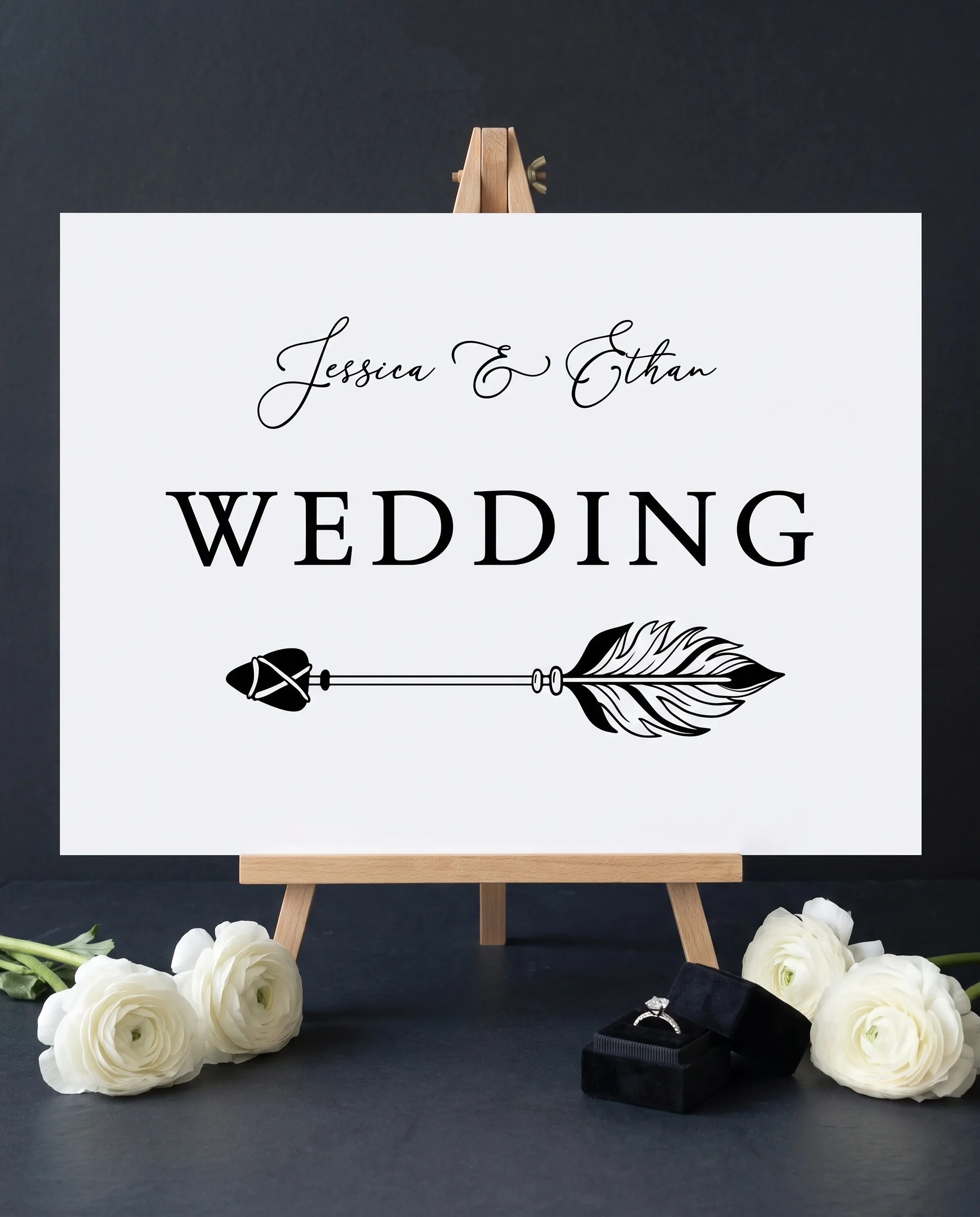 Monochrome Veil wedding directional sign — displayed on an easel under soft natural light at a slight overhead angle, wedding signs.