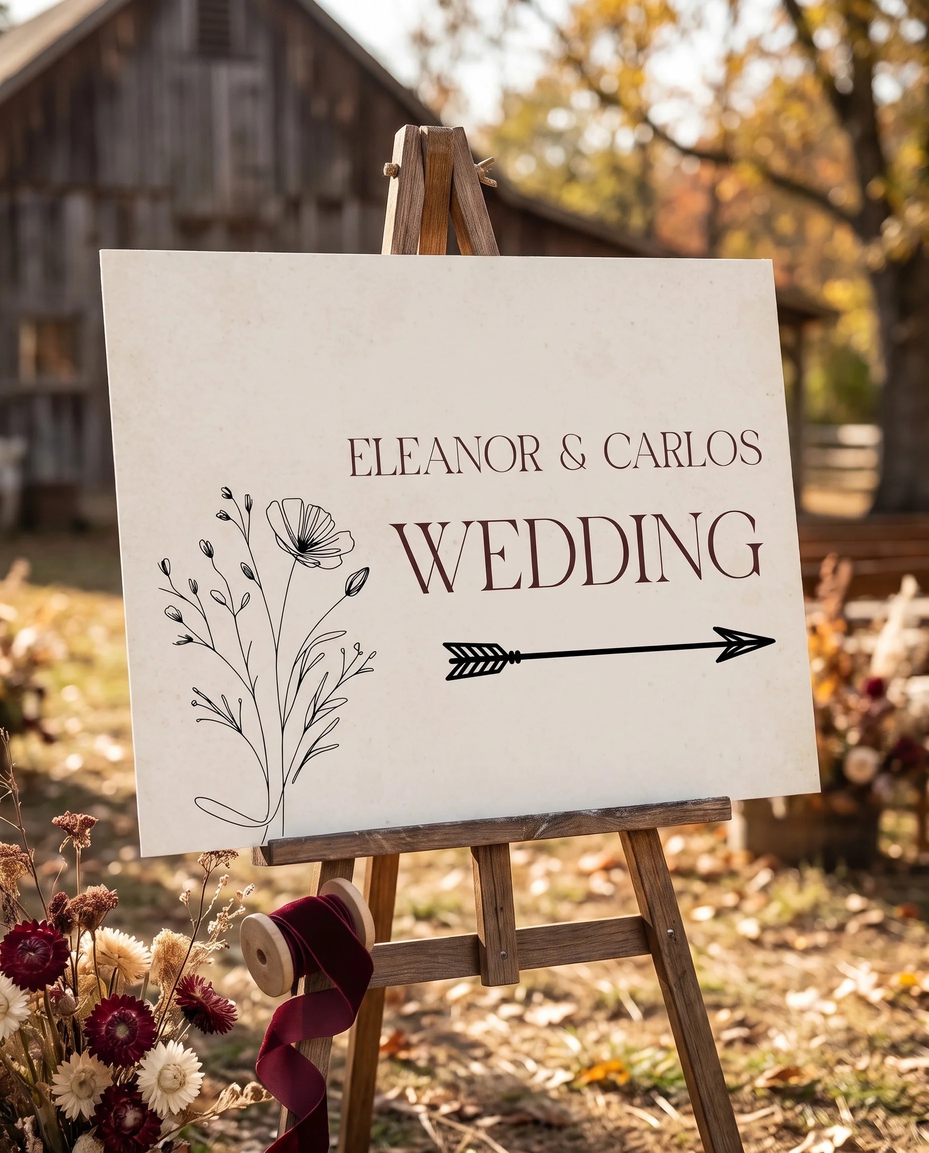 Heritage Bloom wedding directional sign — displayed in a wedding venue setting under soft natural light with a slight overhead angle, wedding signage.