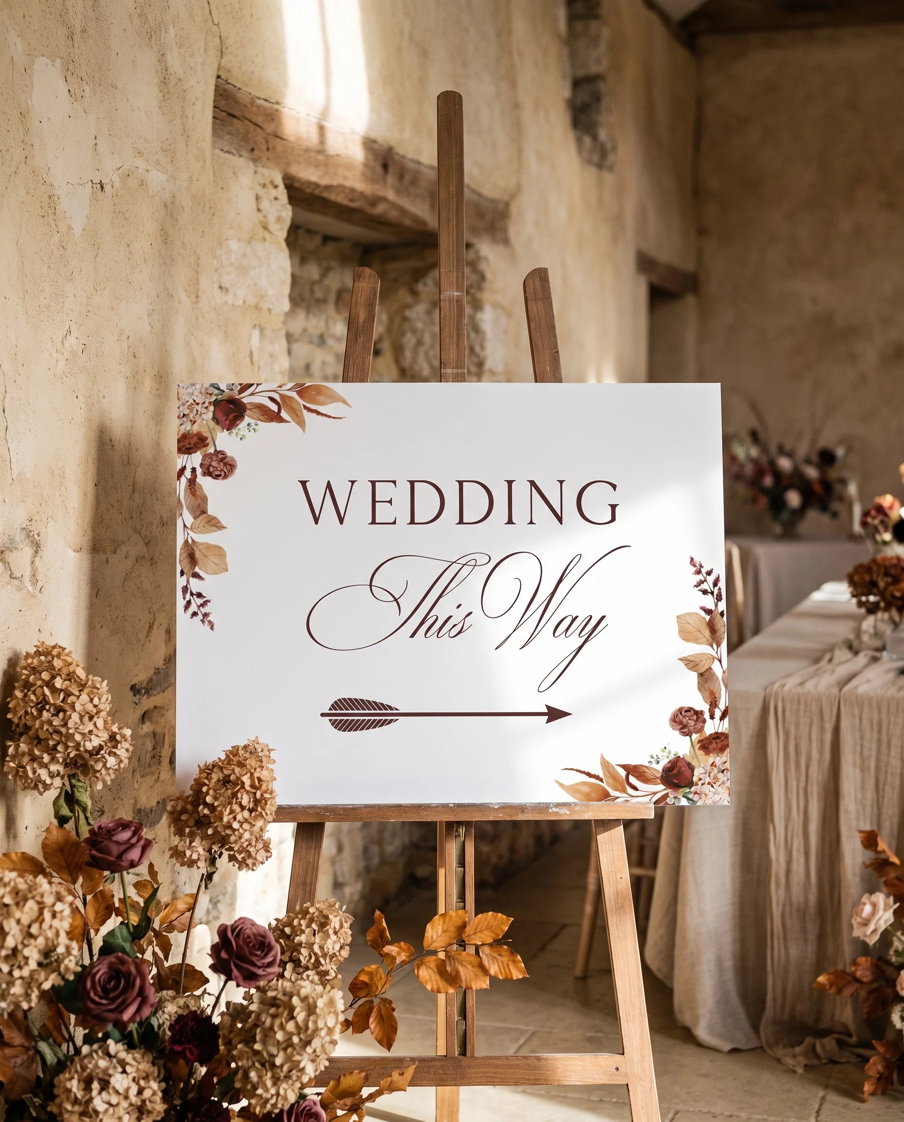 Bramble Row wedding directional sign — displayed on an easel under soft natural light, shot at a slight overhead angle, wedding signs