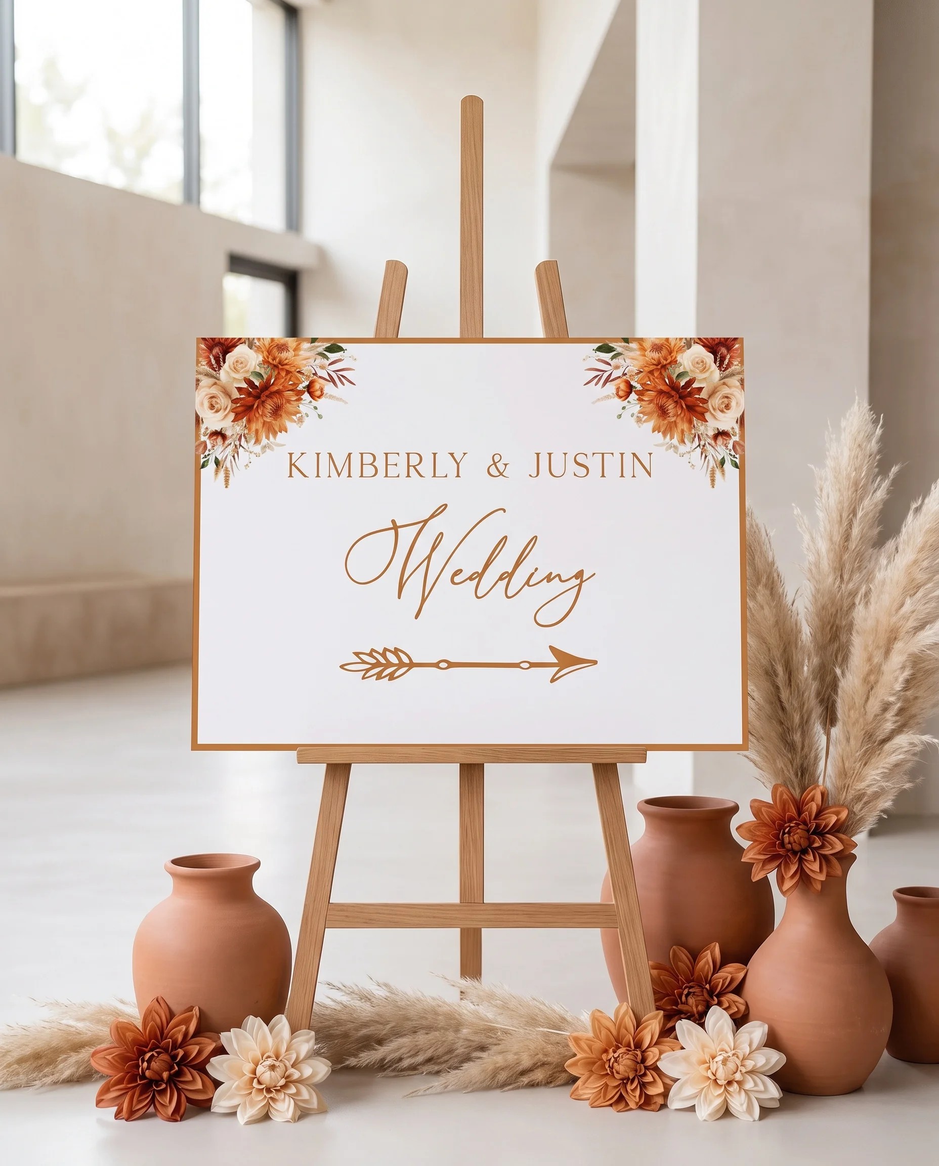 Marigold wedding directional sign — displayed beside furniture for scale on premium editorial paper under soft natural light, printable wedding signs