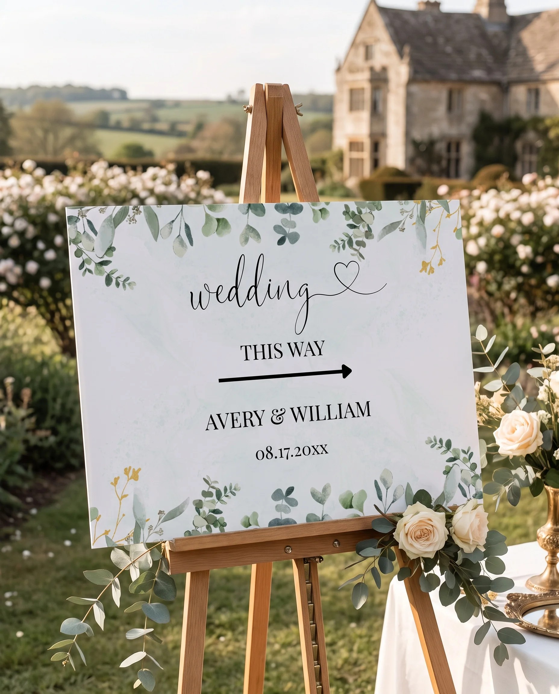 Eucalyptus Gold wedding directional sign — displayed in a wedding venue setting under soft natural light, wedding signage.
