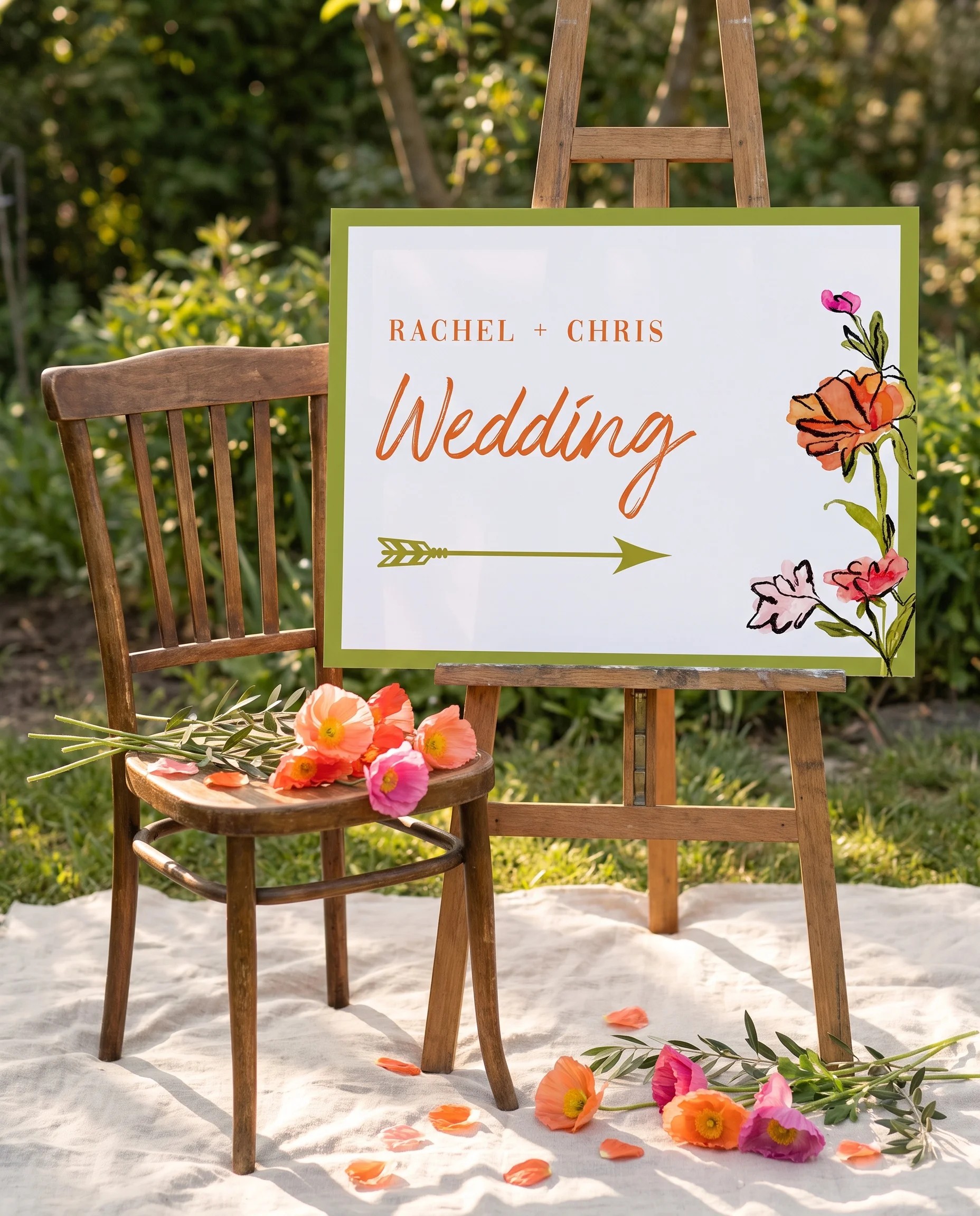 Poppy Court wedding directional sign — shown beside furniture for scale on premium editorial paper under soft natural light, printable wedding signs.