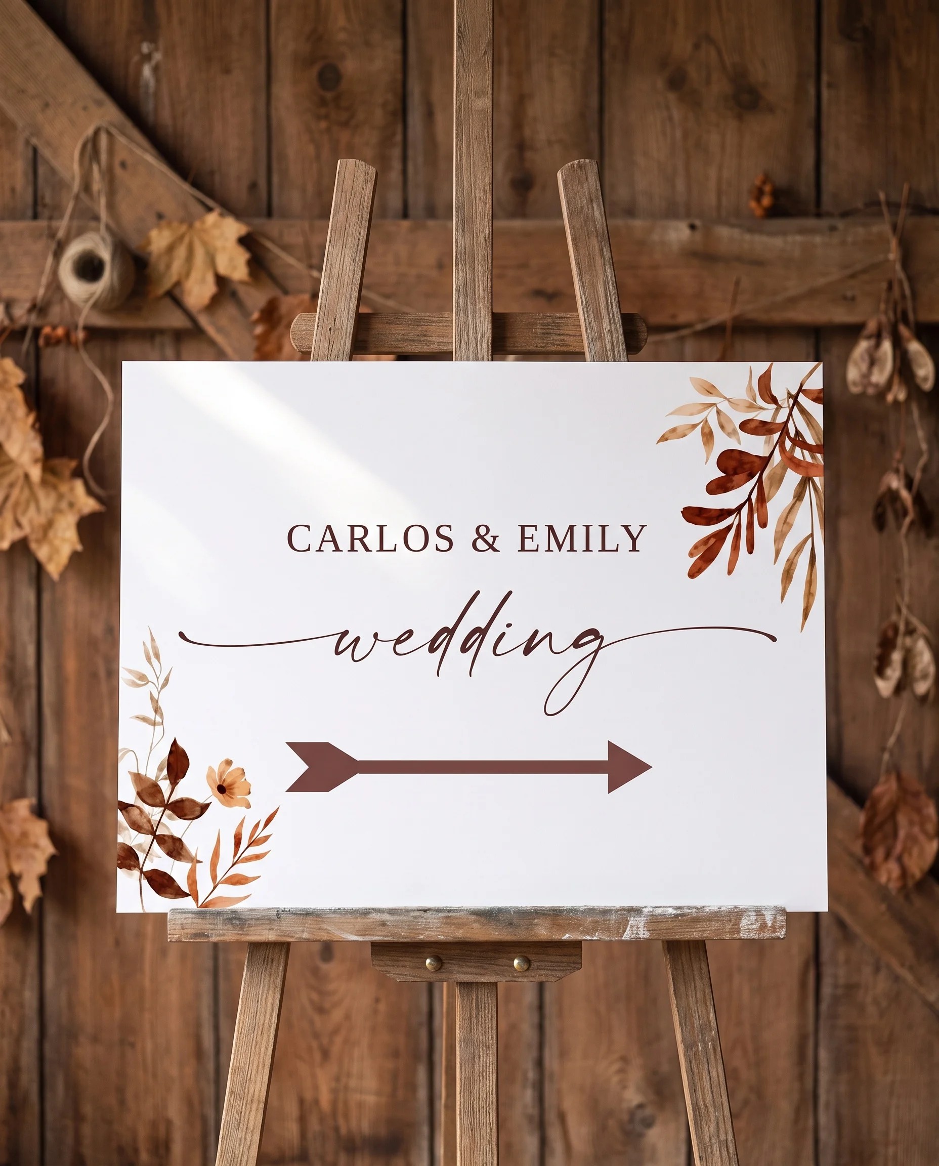 Autumn Bower wedding directional sign — displayed on an easel under soft natural light, premium editorial wedding signs.