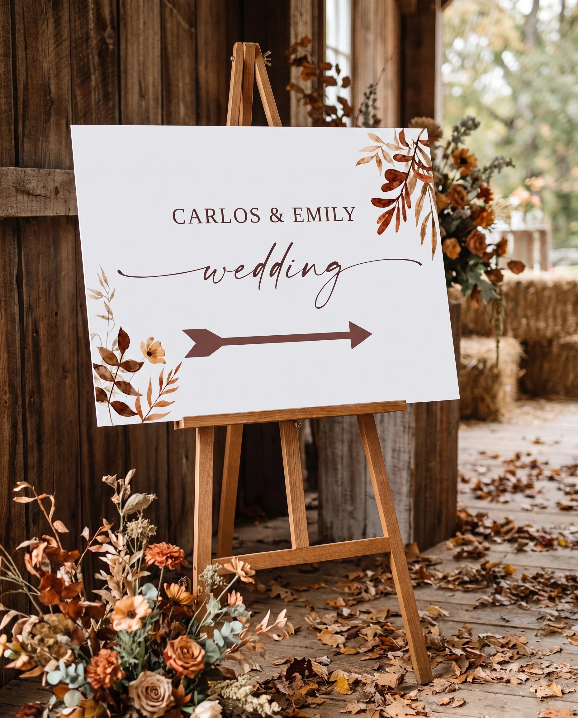 Autumn Bower wedding directional sign — displayed in a wedding venue setting under soft natural light with a slight overhead angle, wedding signage.