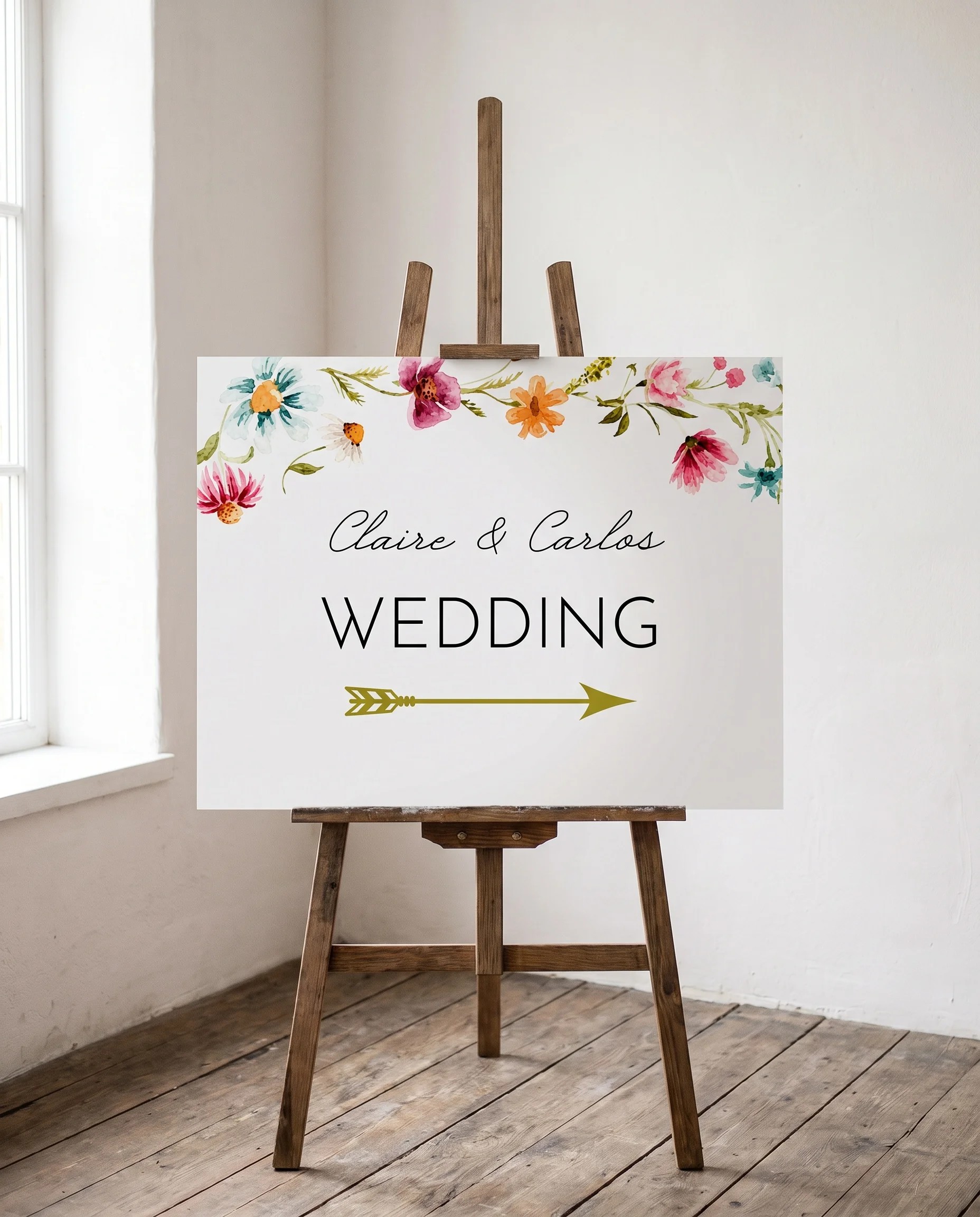 Meadow Ring wedding directional sign — displayed on an easel under soft natural light at a slight overhead angle, wedding signs