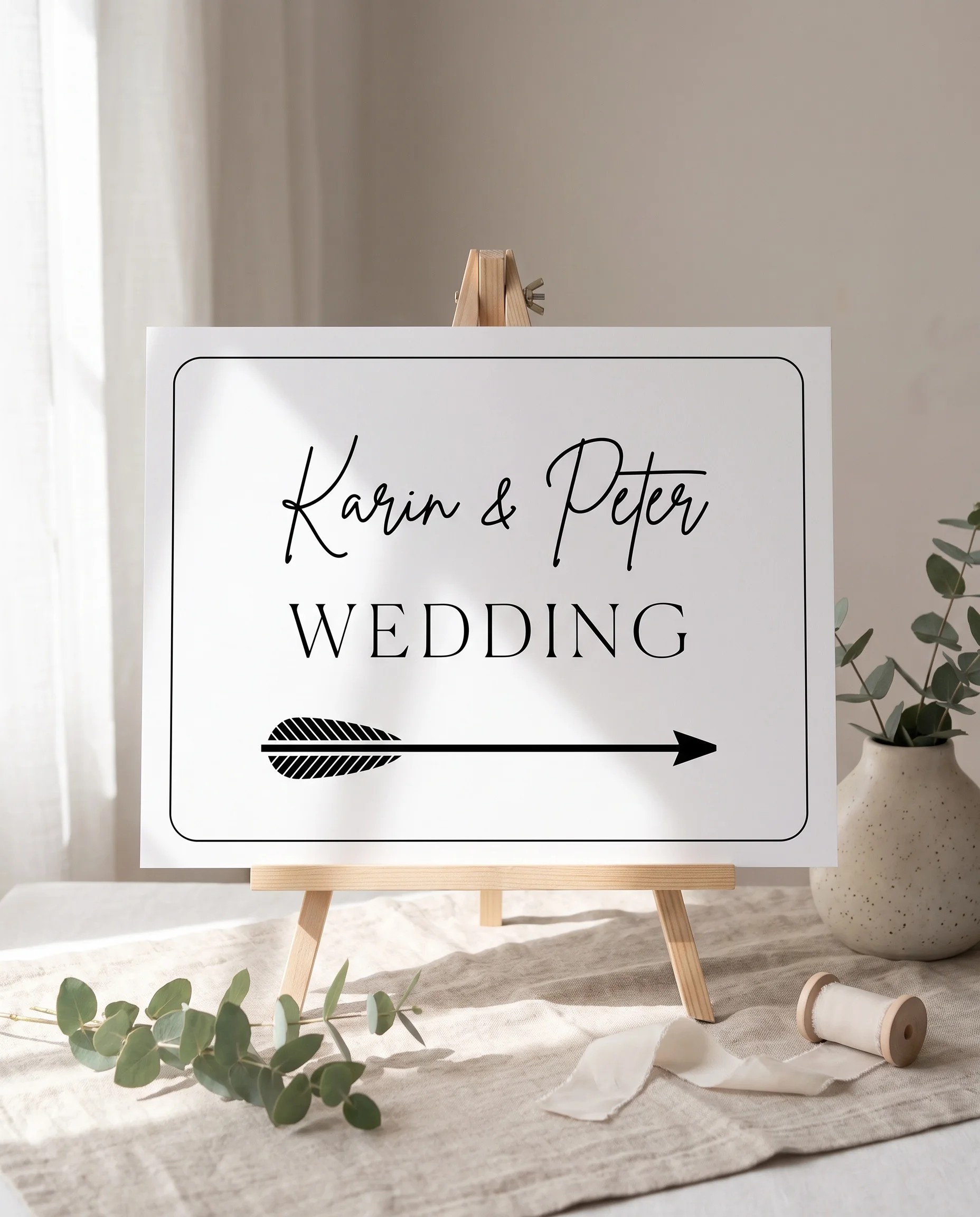 Contour wedding directional sign — displayed on an easel under soft natural light with a slight overhead angle, wedding signs