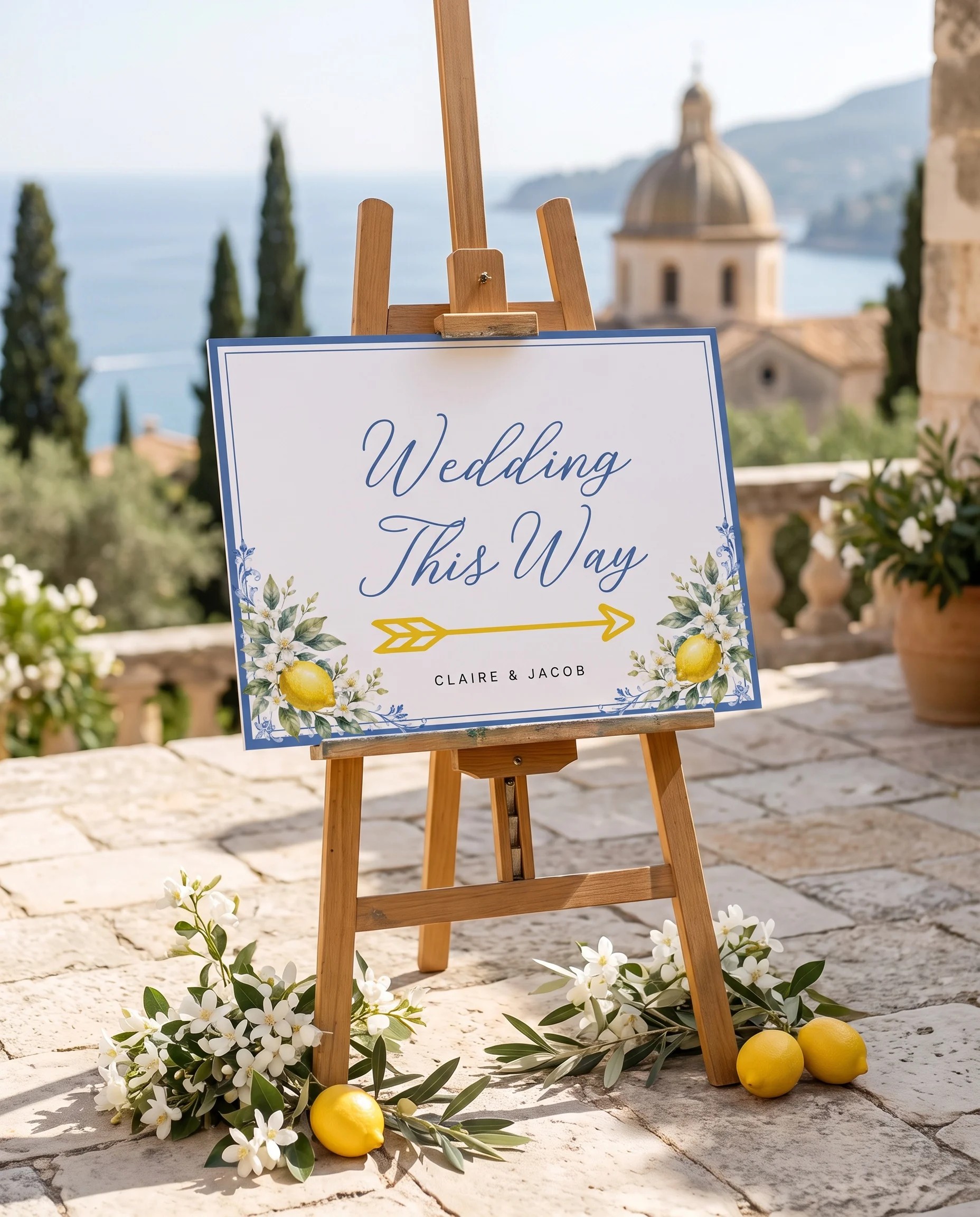 Amalfi Grove wedding directional sign — displayed in a wedding venue setting under soft natural light, wedding signage.