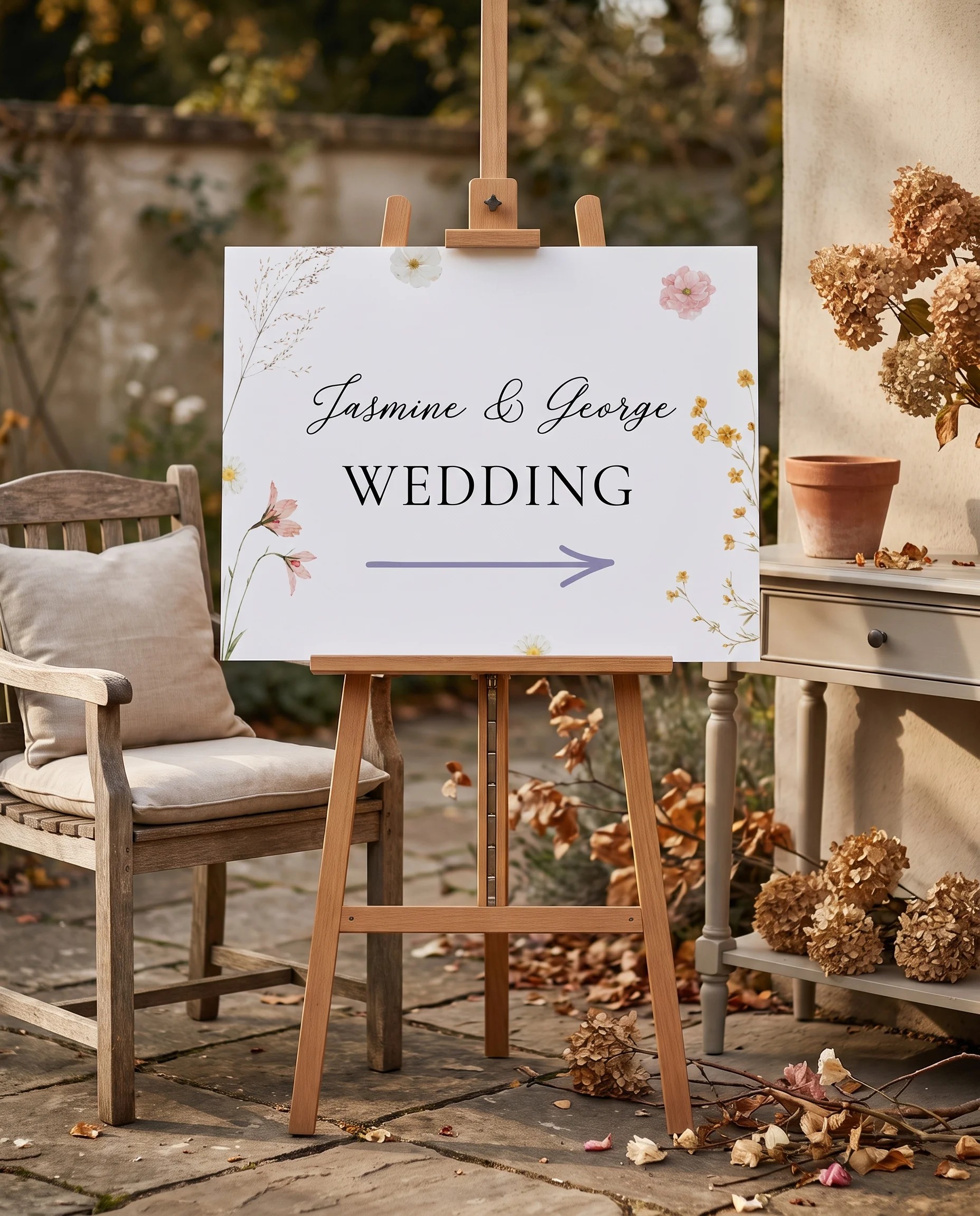 Marigold Petal wedding directional sign — shown beside furniture for scale on premium editorial paper in soft natural light, printable wedding signs.