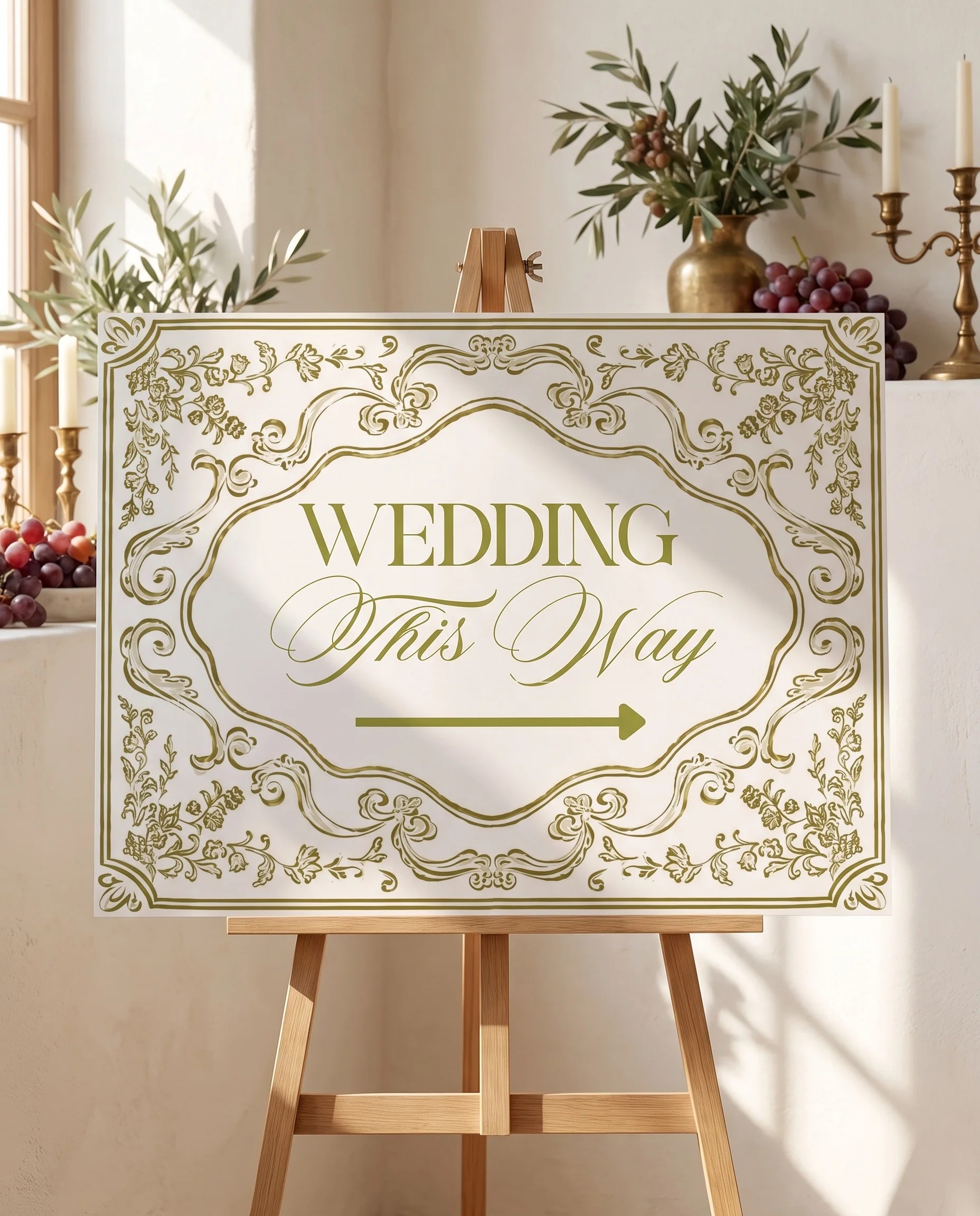 Olive Baroque wedding directional sign — displayed on an easel under soft natural light at a slight overhead angle, wedding signs.