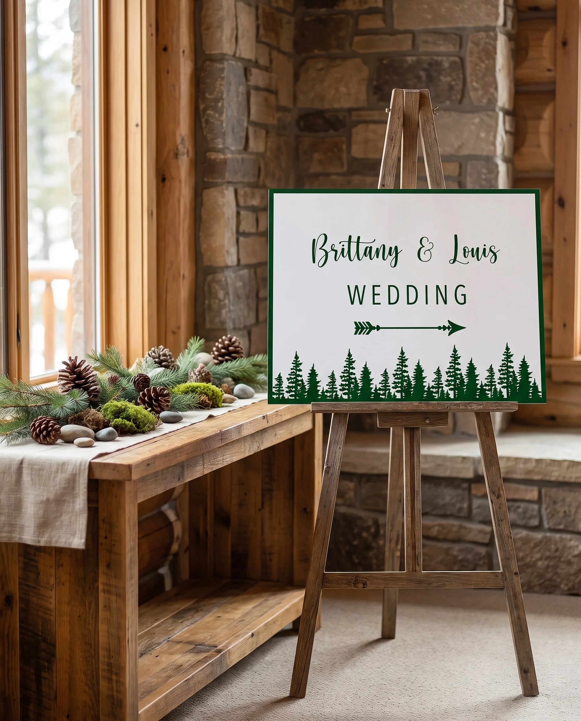 Evergreen Star wedding directional sign — shown beside furniture for scale on premium editorial paper under soft natural light, printable wedding signs.