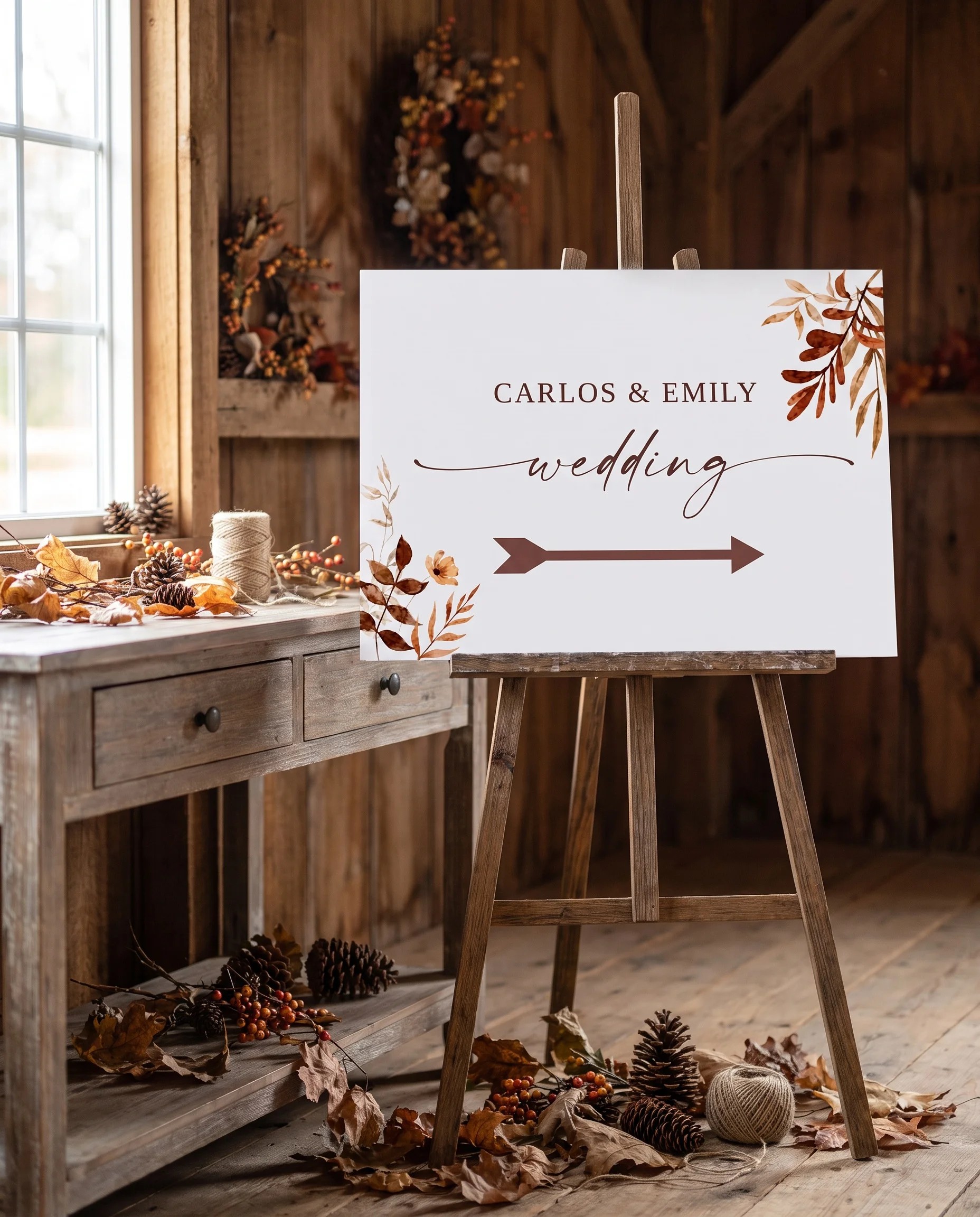 Autumn Bower wedding directional sign — shown beside furniture for scale under soft natural overhead light, printable wedding signs.