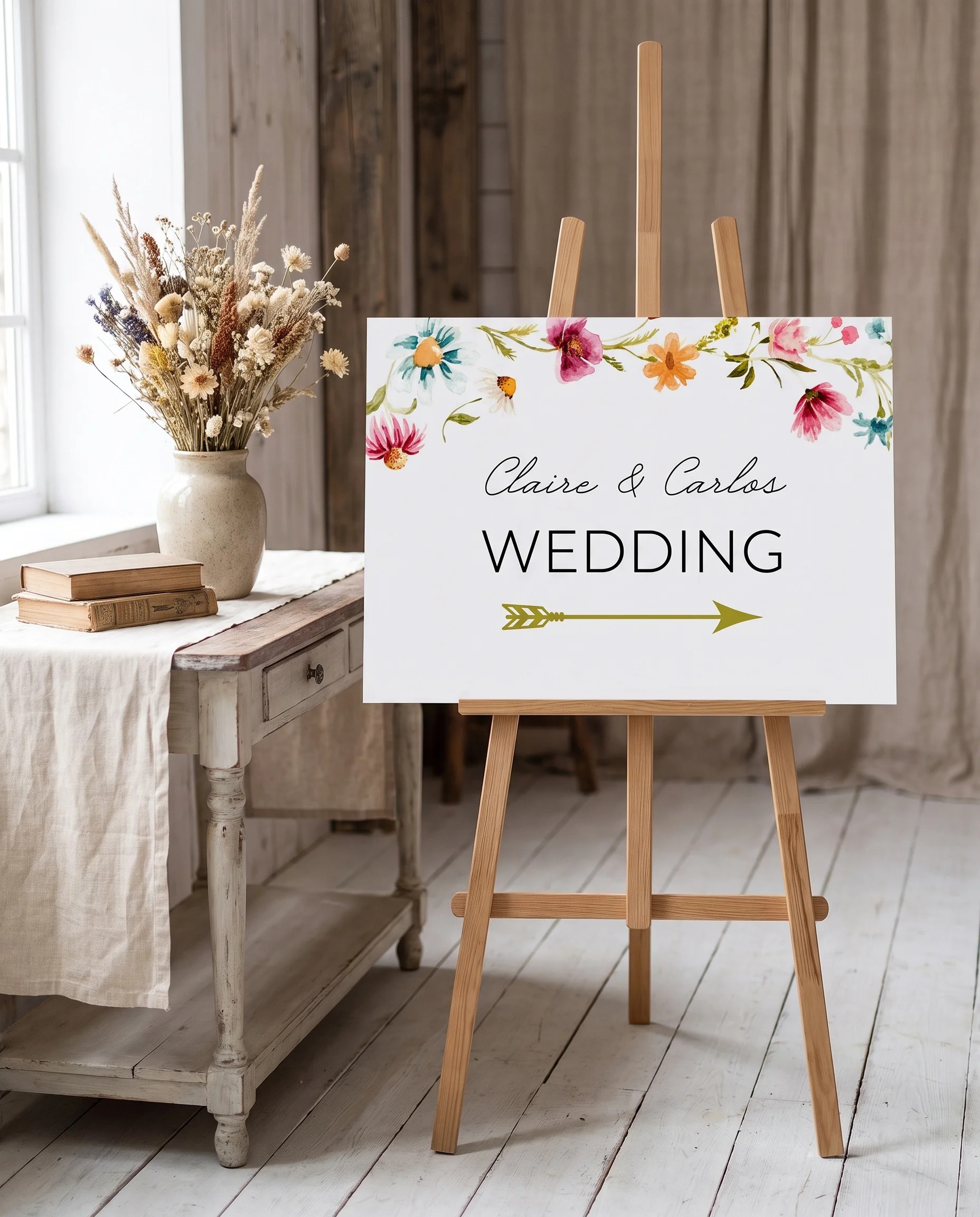 Meadow Ring wedding directional sign — shown beside furniture for scale under soft natural light with a slight overhead angle, printable wedding signs.