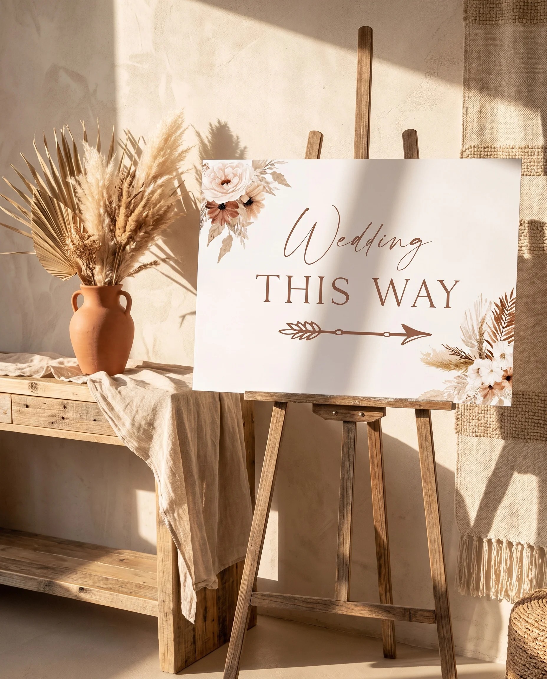 Pampas Bloom wedding directional sign — shown beside furniture for scale under soft natural light, printable wedding signs.