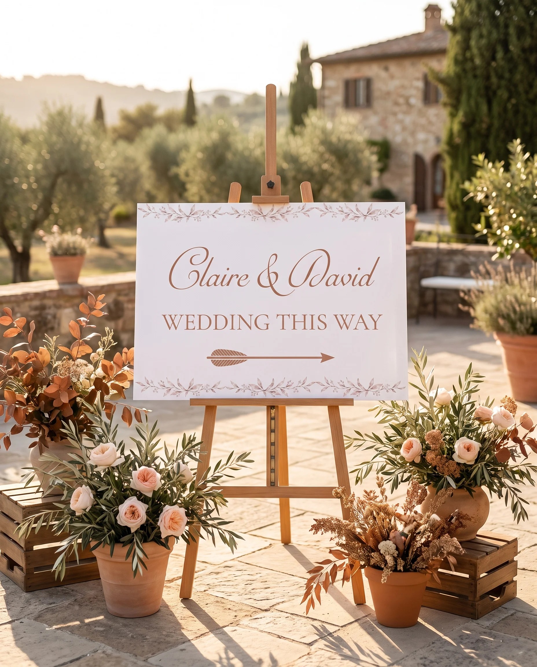Sepia Sprig wedding directional sign — displayed in a wedding venue setting under soft natural light, wedding signage