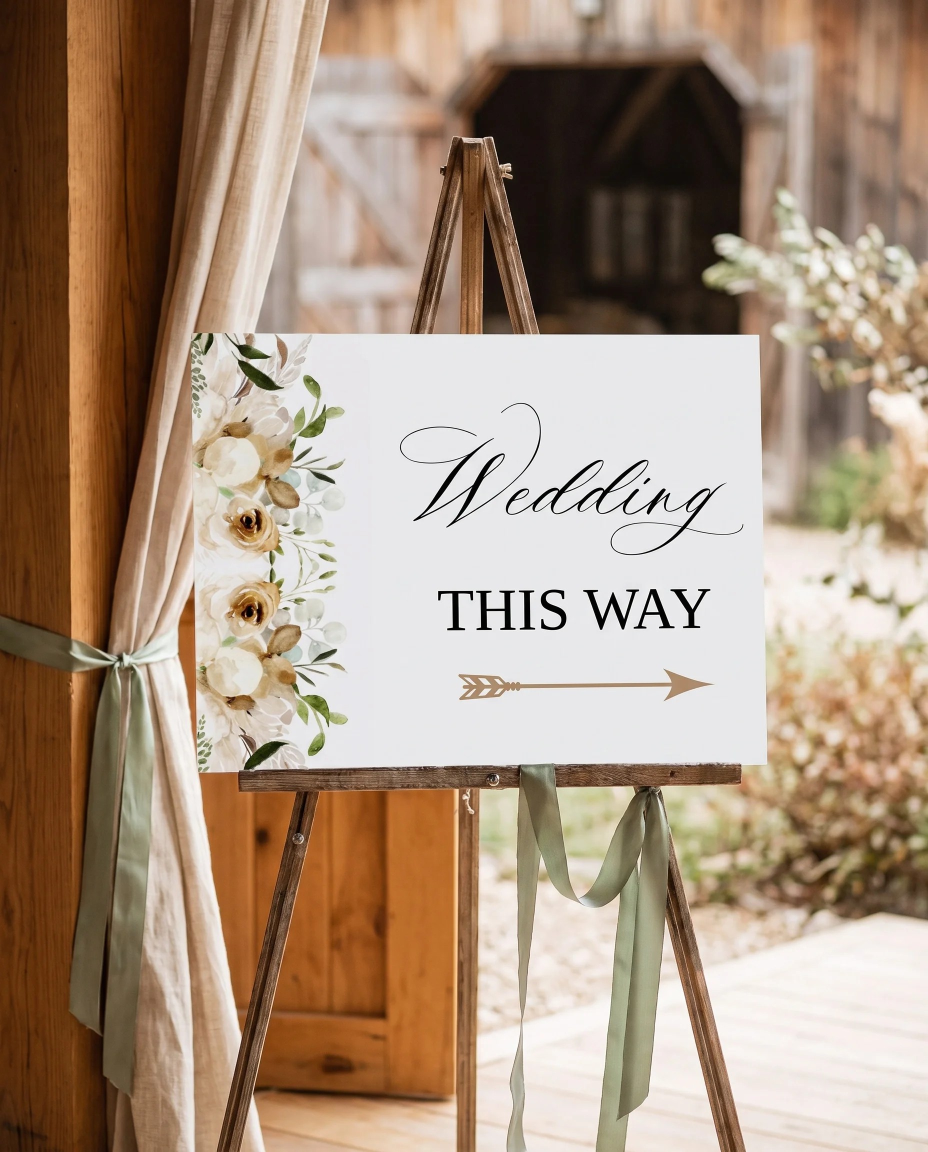 Meadow Veil wedding directional sign — displayed on an easel under soft natural light with a slight overhead angle, wedding signs.