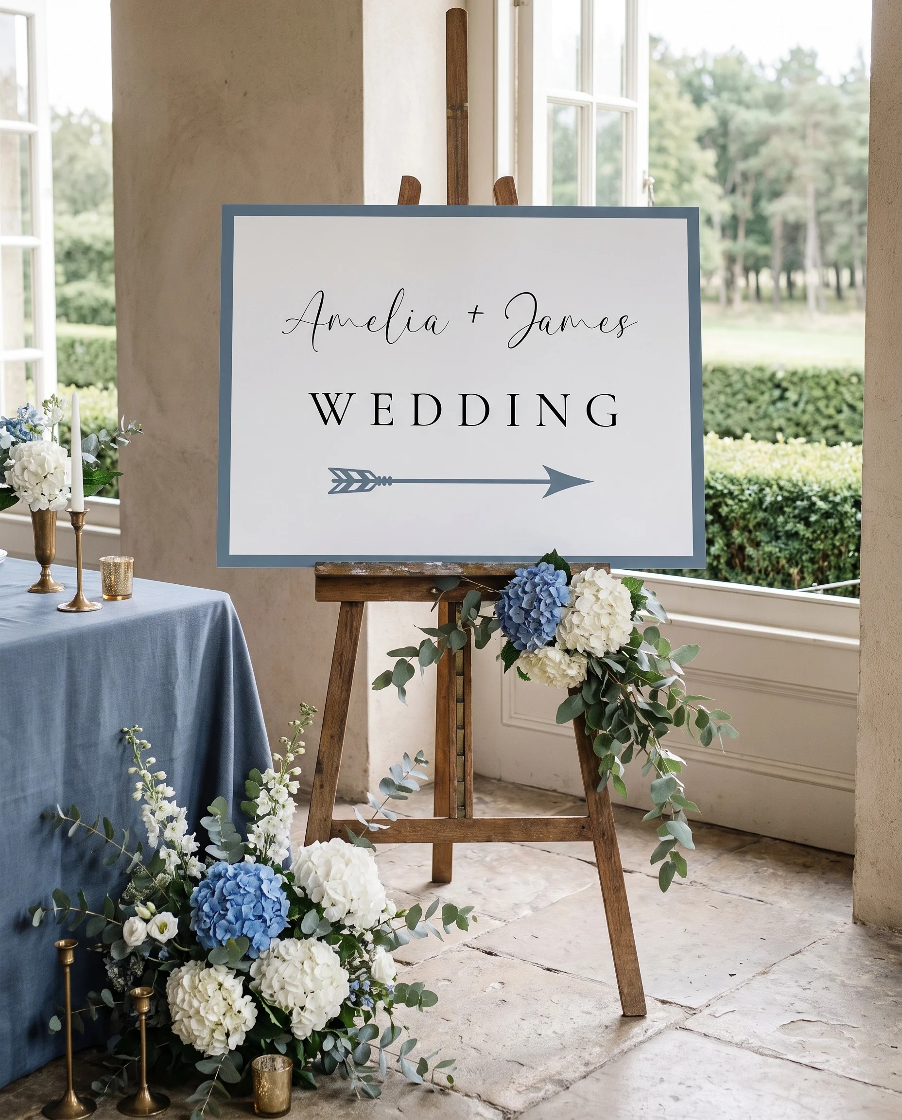 Arrow Crest wedding directional sign — displayed on an easel under soft natural light at a slight overhead angle, wedding signs