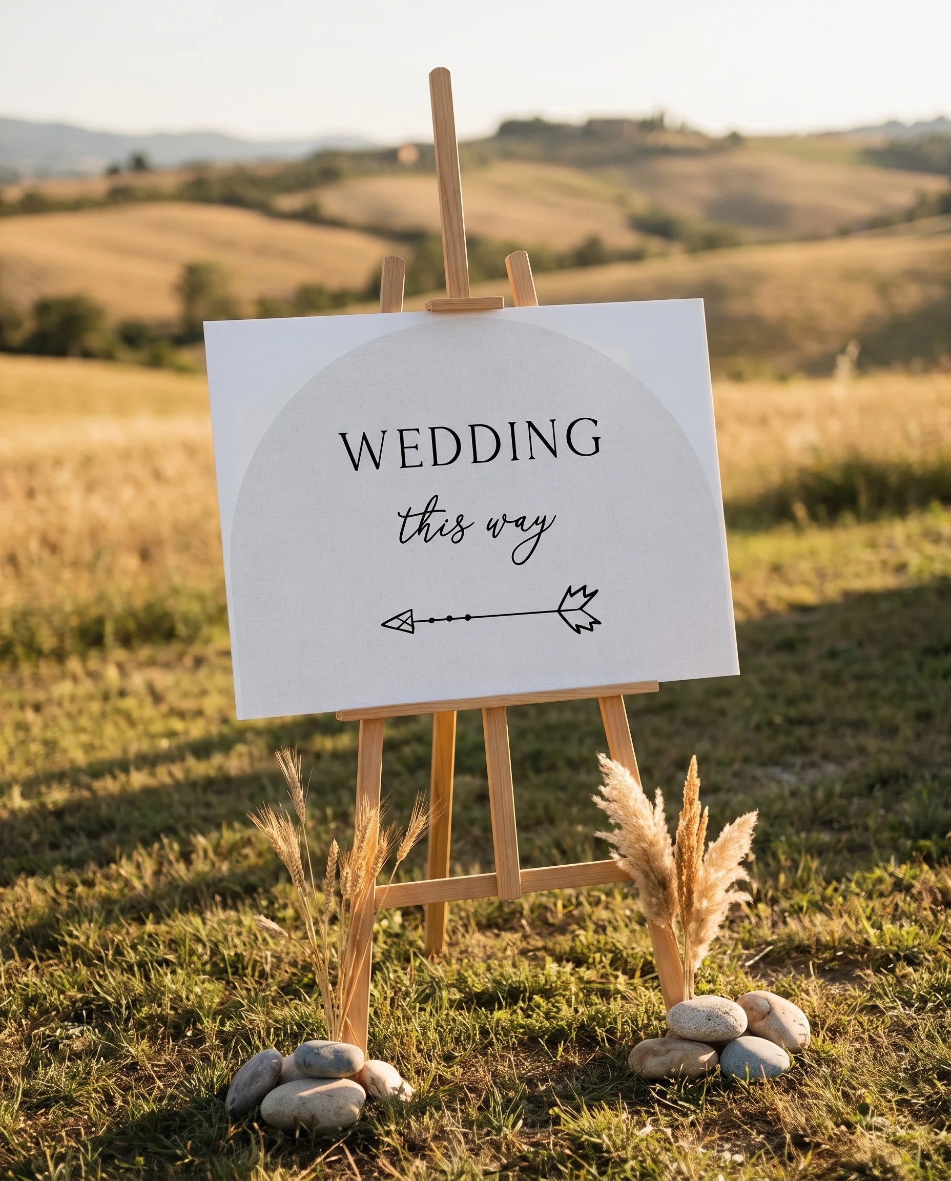 Halo Arch wedding directional sign — displayed in a wedding venue setting under soft natural light, wedding signage.