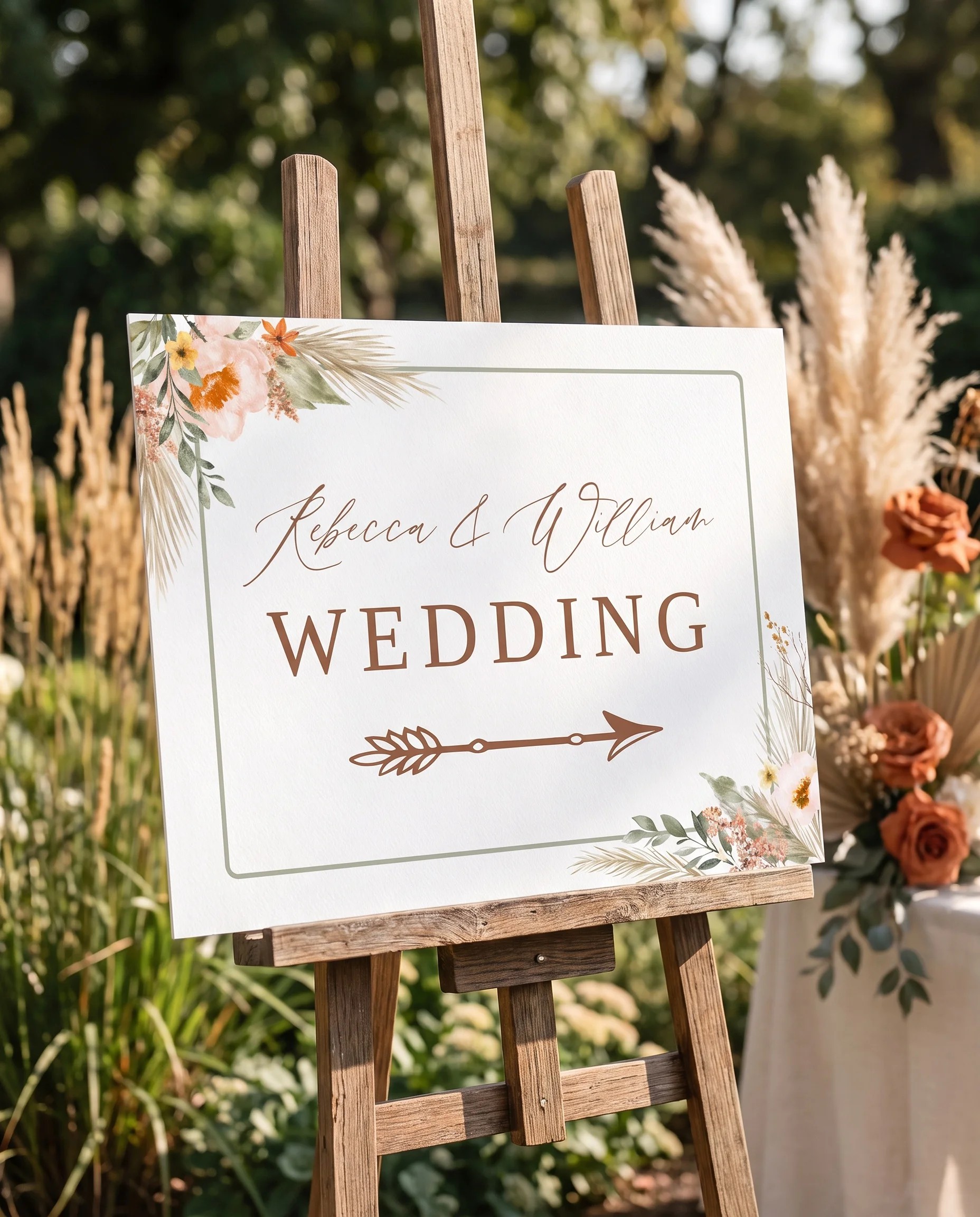 Prairie Fern wedding directional sign — displayed in a wedding venue setting under soft natural light, wedding signage.