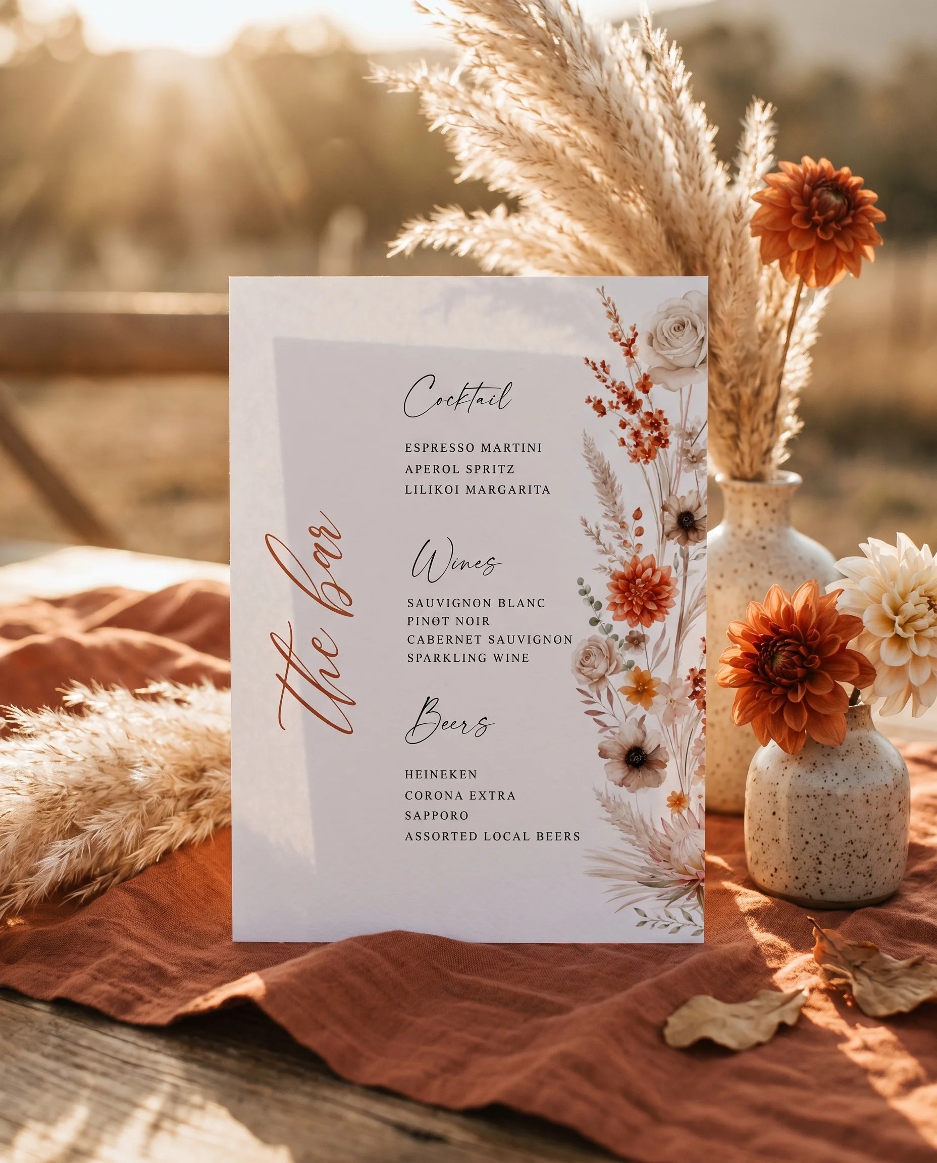 Dahlia Ember — bar menu page displayed upright in a styled setting under soft natural light, wedding bar sign.