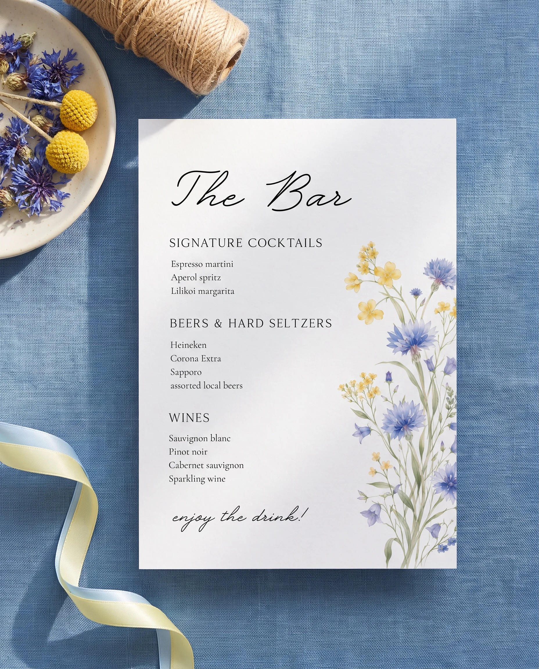 Cornflower — single page bar menu shown flat under soft natural light with a slight overhead angle, wedding bar menu