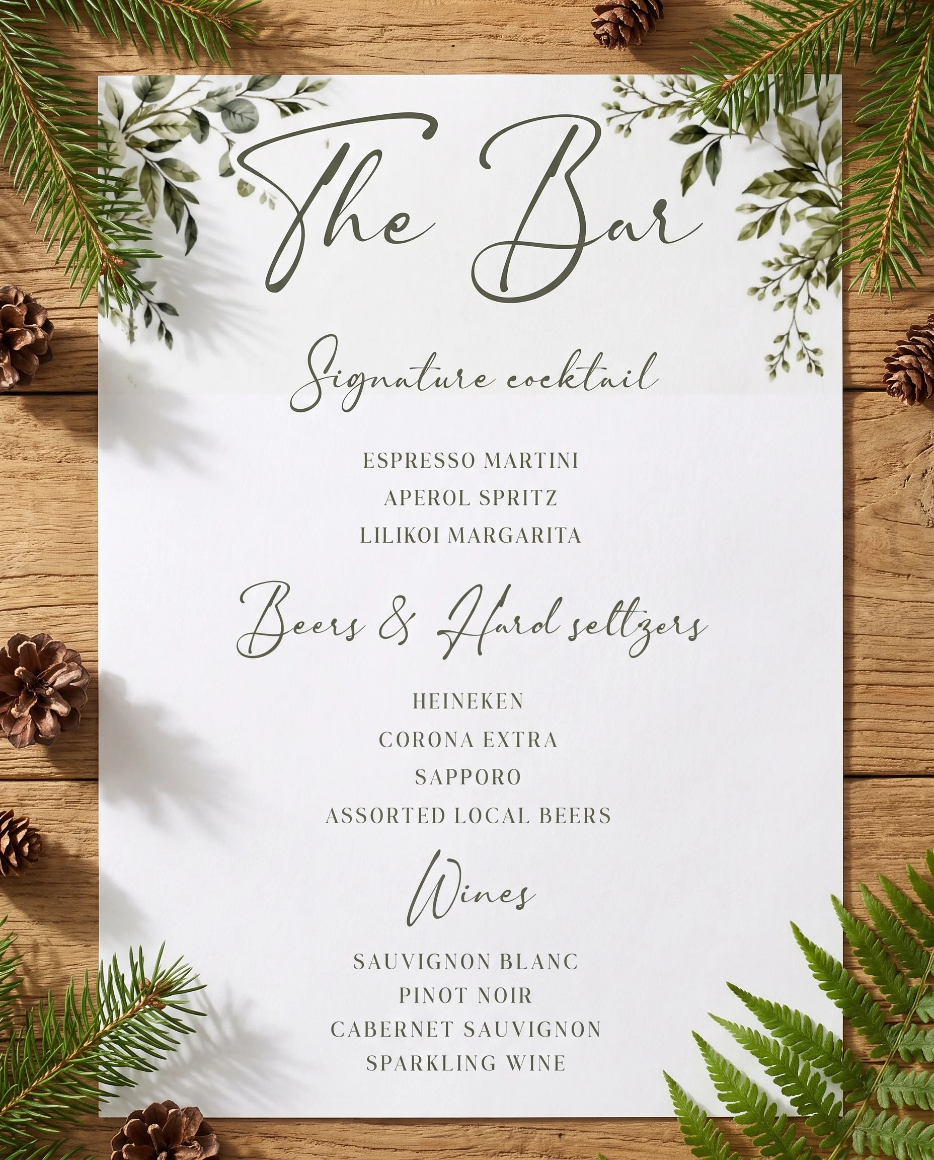 Canopy Grove — bar menu page shown flat on premium editorial paper under soft natural light at a slight overhead angle, wedding bar menu.