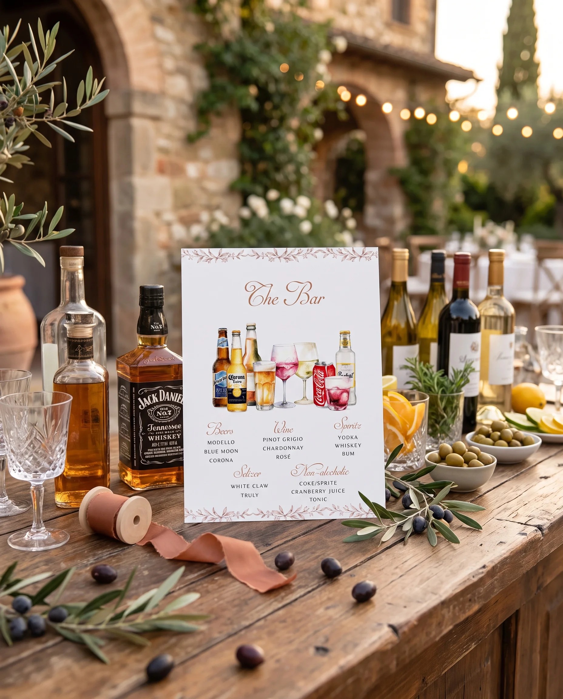 Sepia Sprig — bar menu page shown on a drinks station under soft natural light with a slight overhead angle, bar menu template.