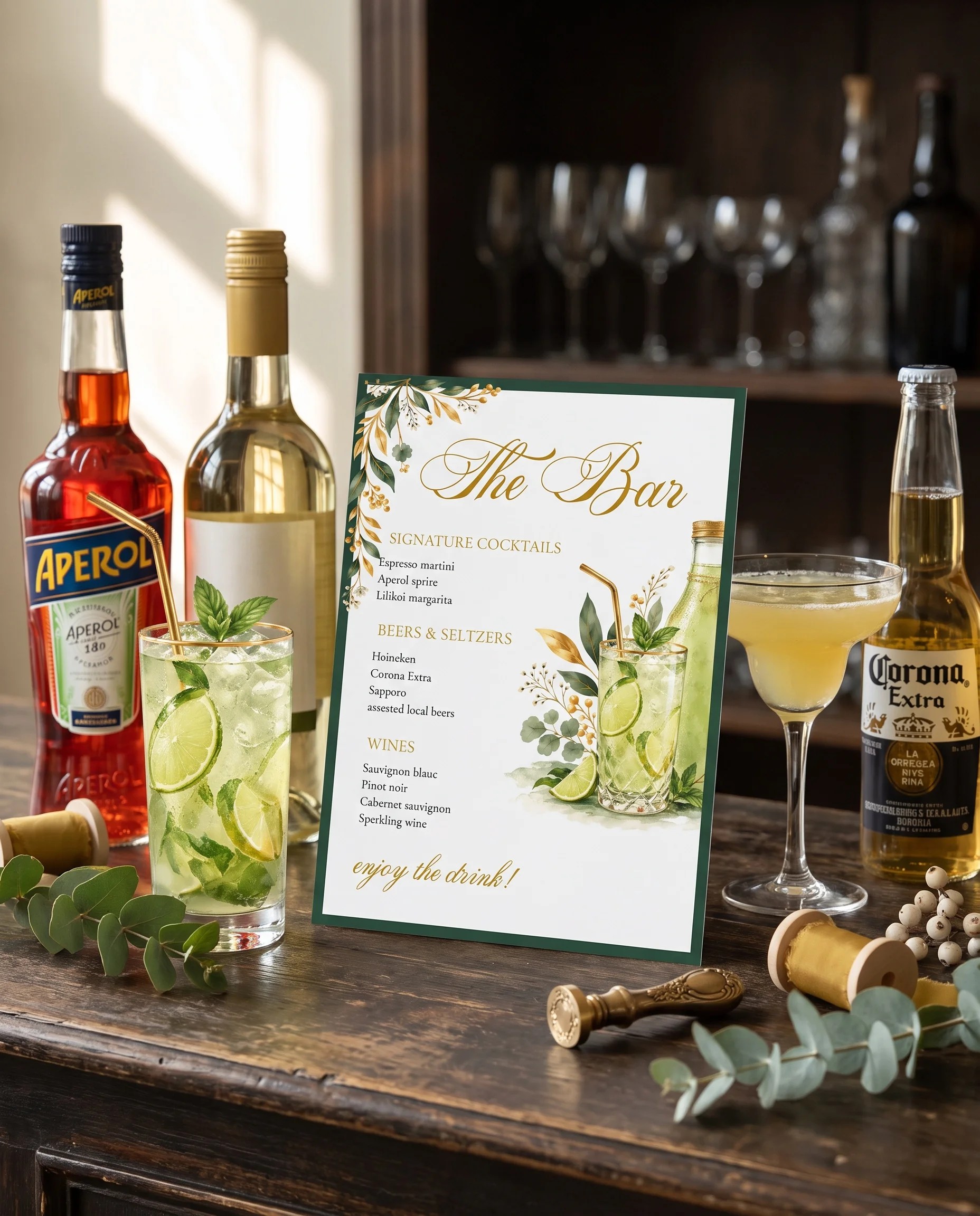 Gilded Foliage — bar menu page displayed on a drinks station under soft natural light, bar menu template.