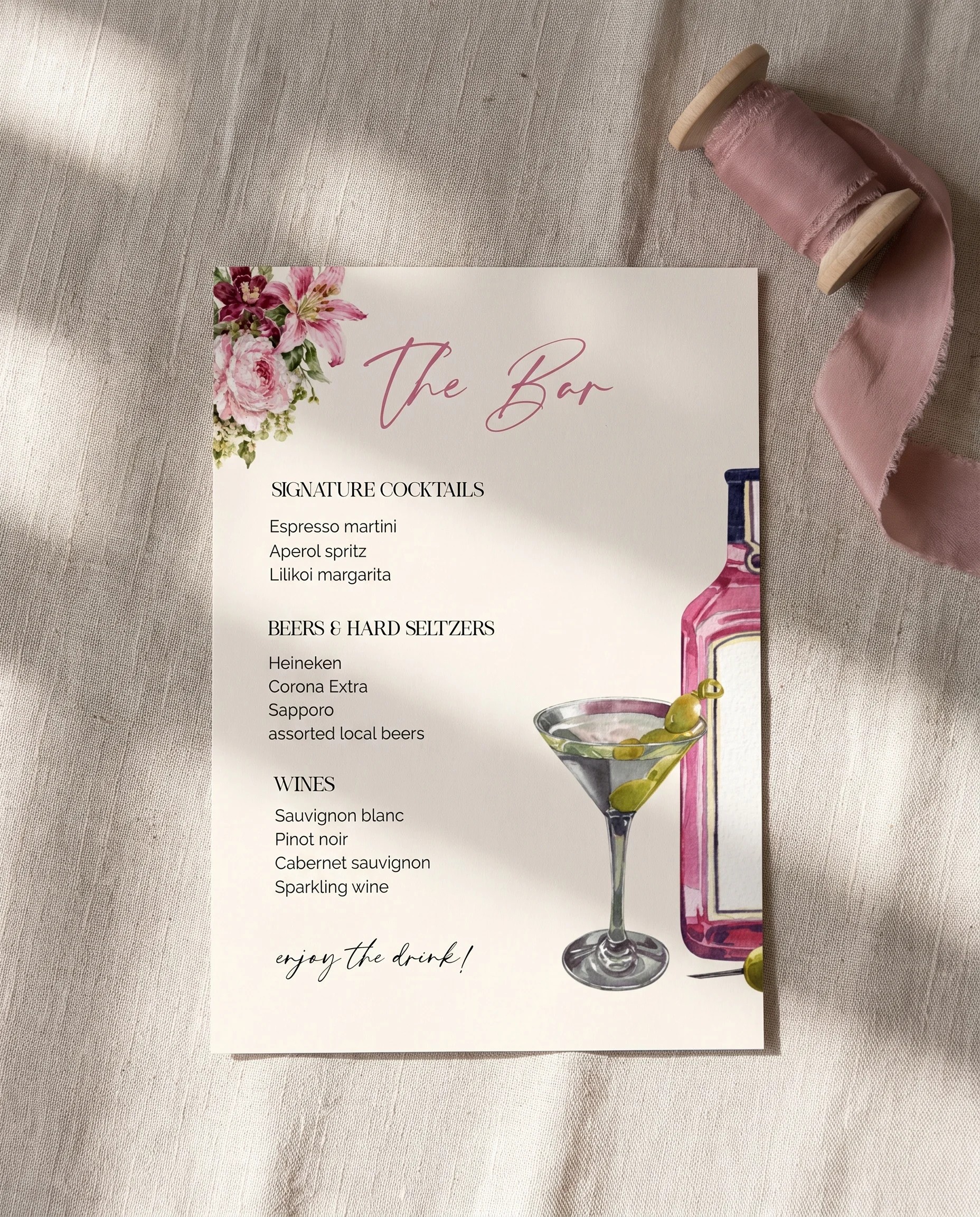 Rosevale — bar menu page shown flat under soft natural light with a slight overhead angle, wedding bar menu.