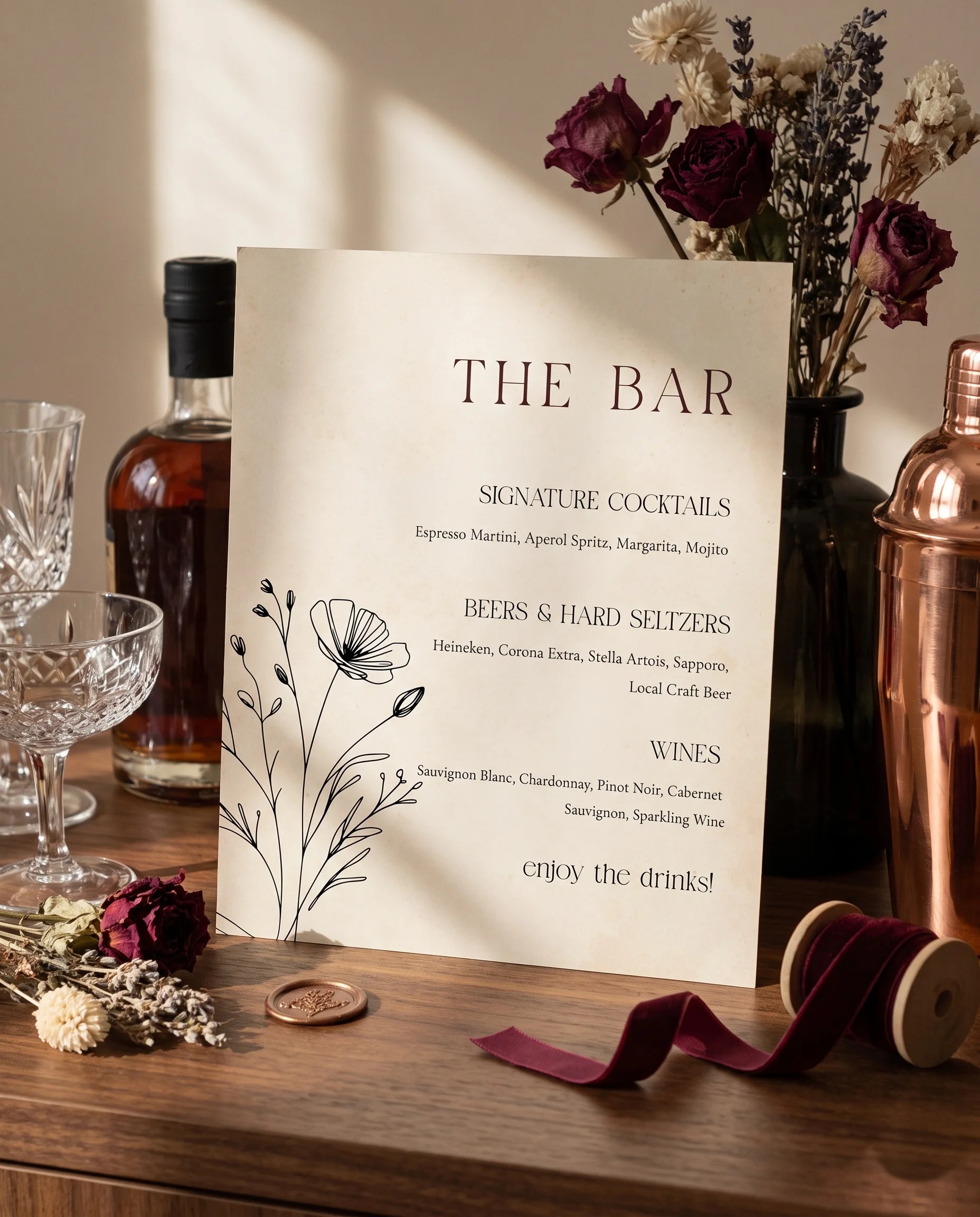 Heritage Bloom — bar menu page displayed on a drinks station under soft natural light with a slight overhead angle, bar menu template.