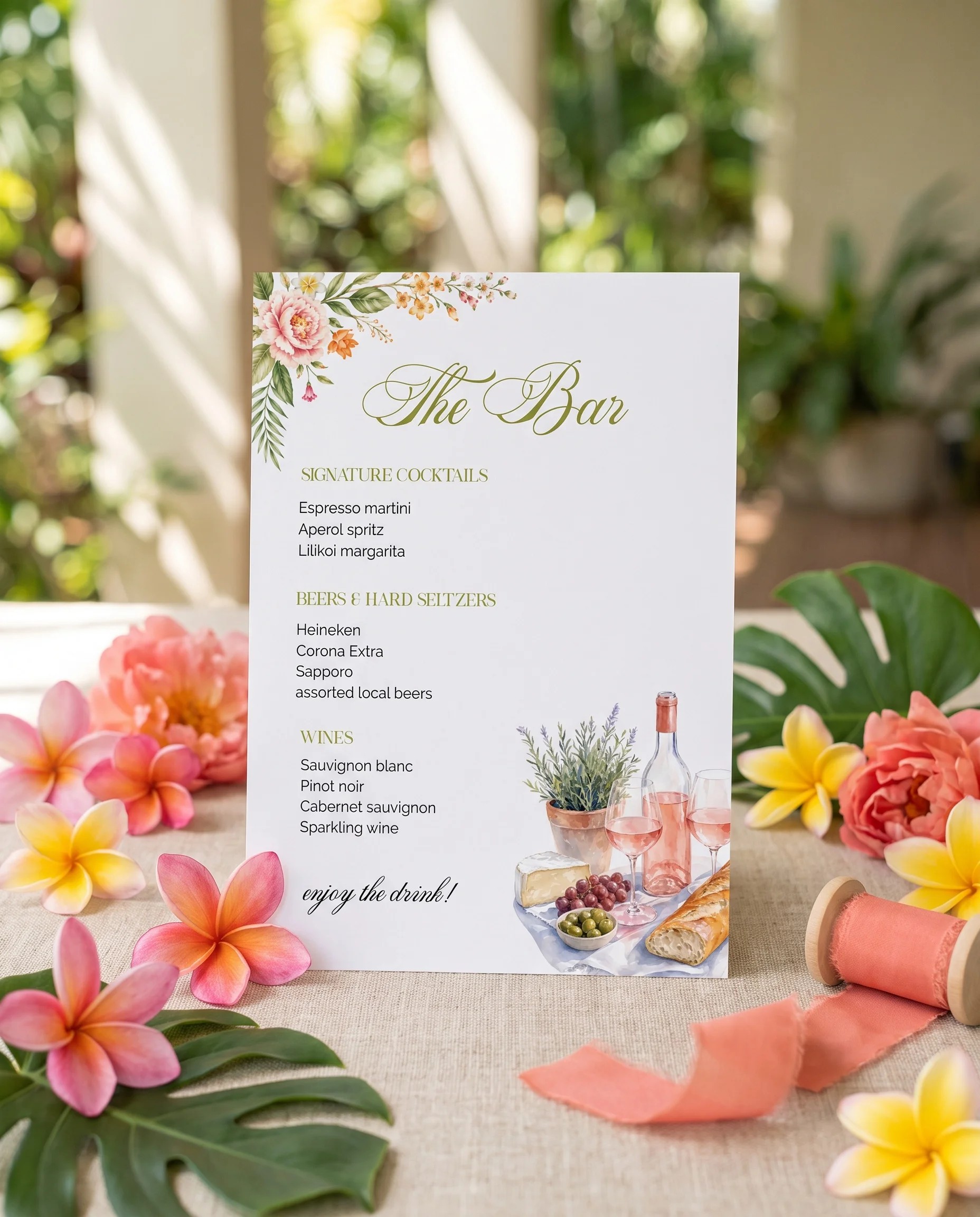 Plumeria Peony — bar menu displayed upright in a styled setting under soft natural light, wedding bar sign.