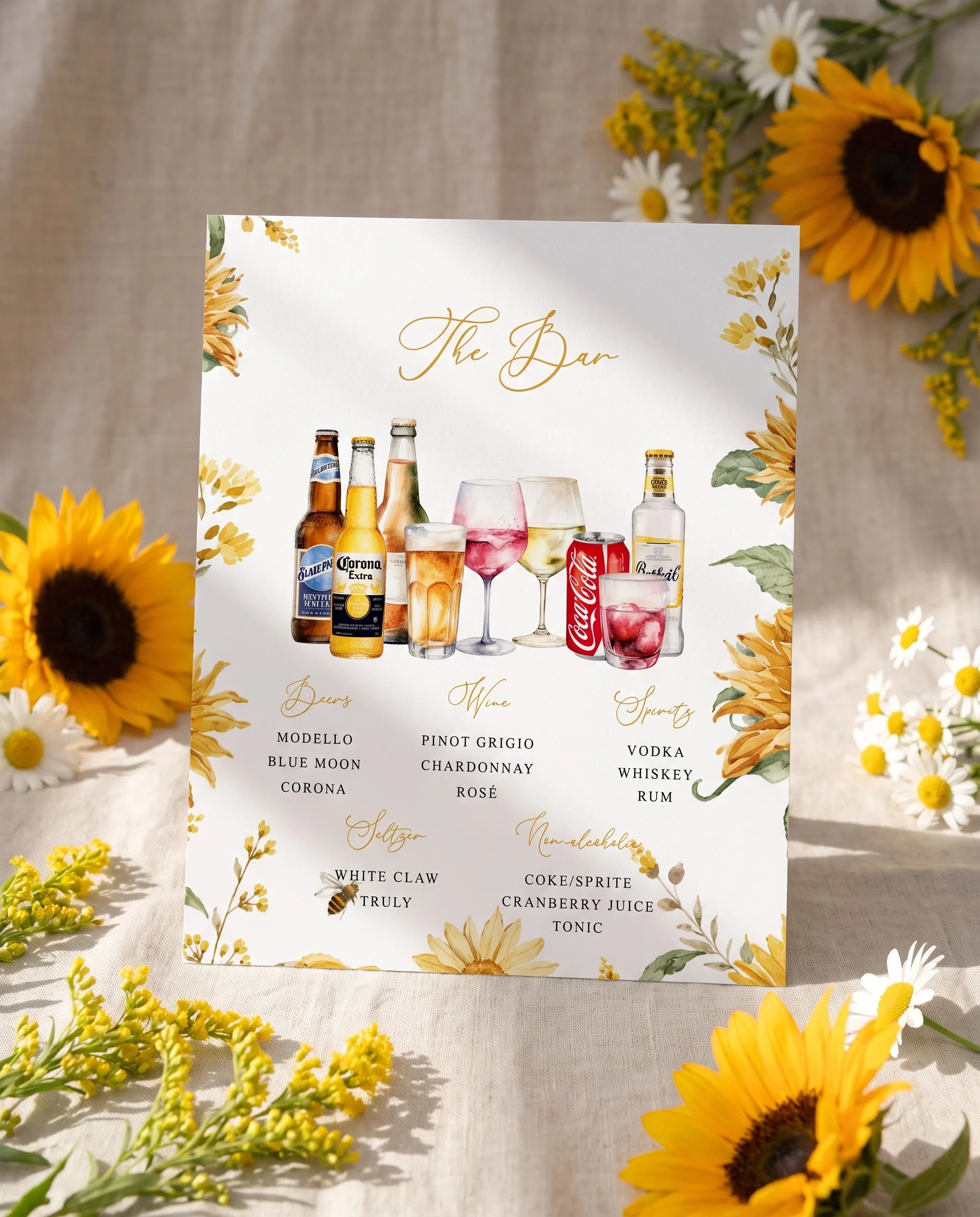 Honeyfield — bar menu page displayed upright in a styled setting under soft overhead light, wedding bar sign.