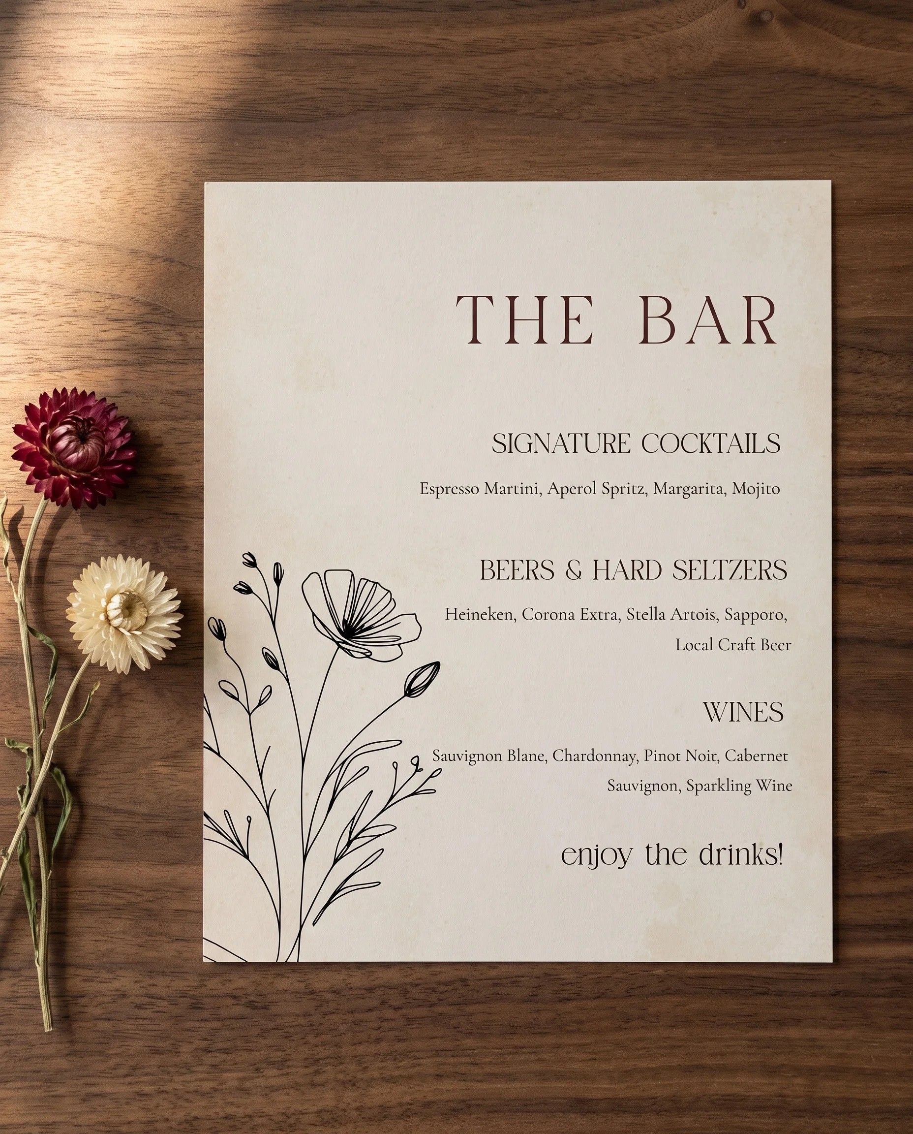 Heritage Bloom — single page bar menu shown flat under soft natural light at a slight overhead angle, wedding bar menu.
