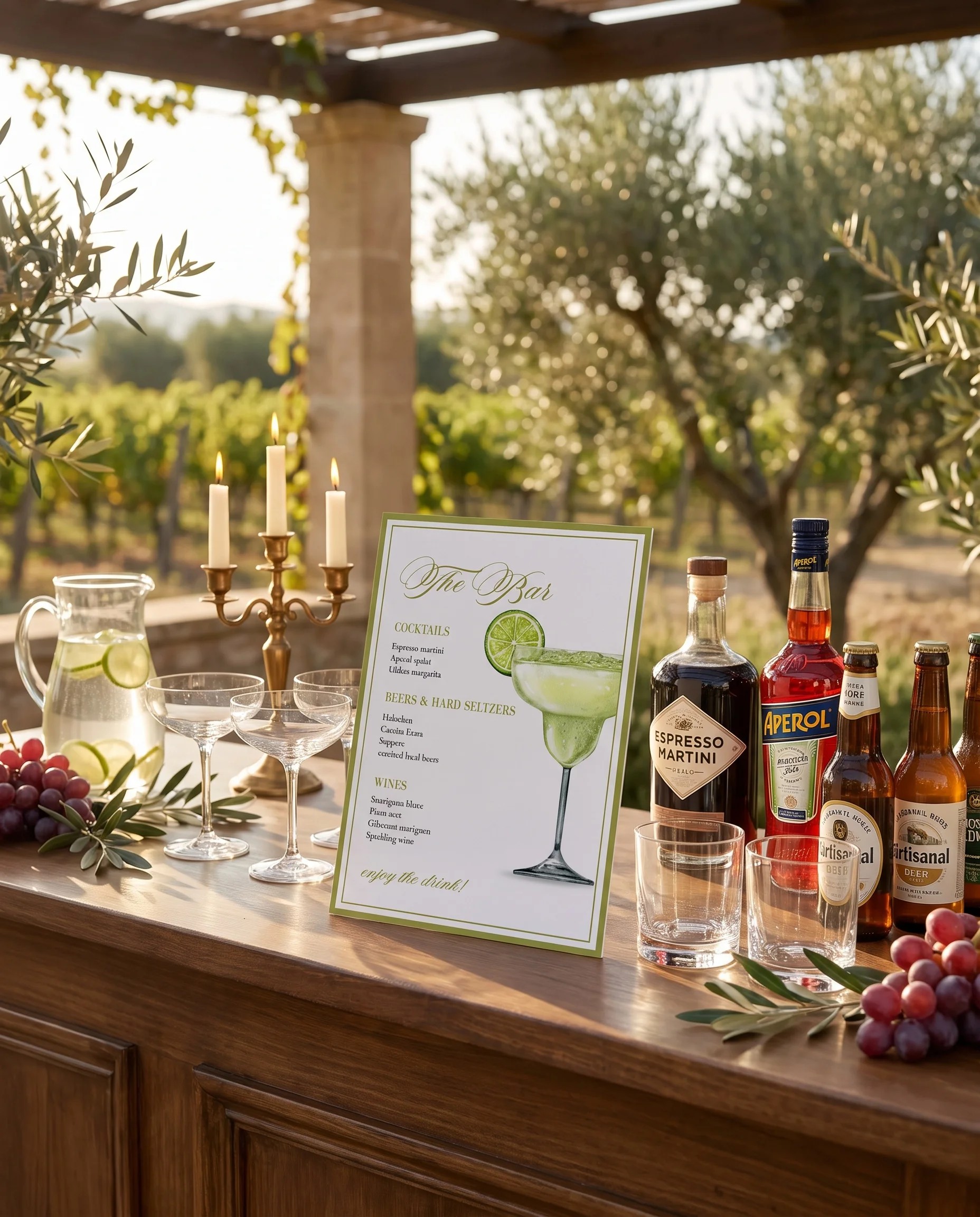 Olive Baroque — bar menu page displayed on a drinks station under soft natural light at a slight overhead angle, bar menu template.