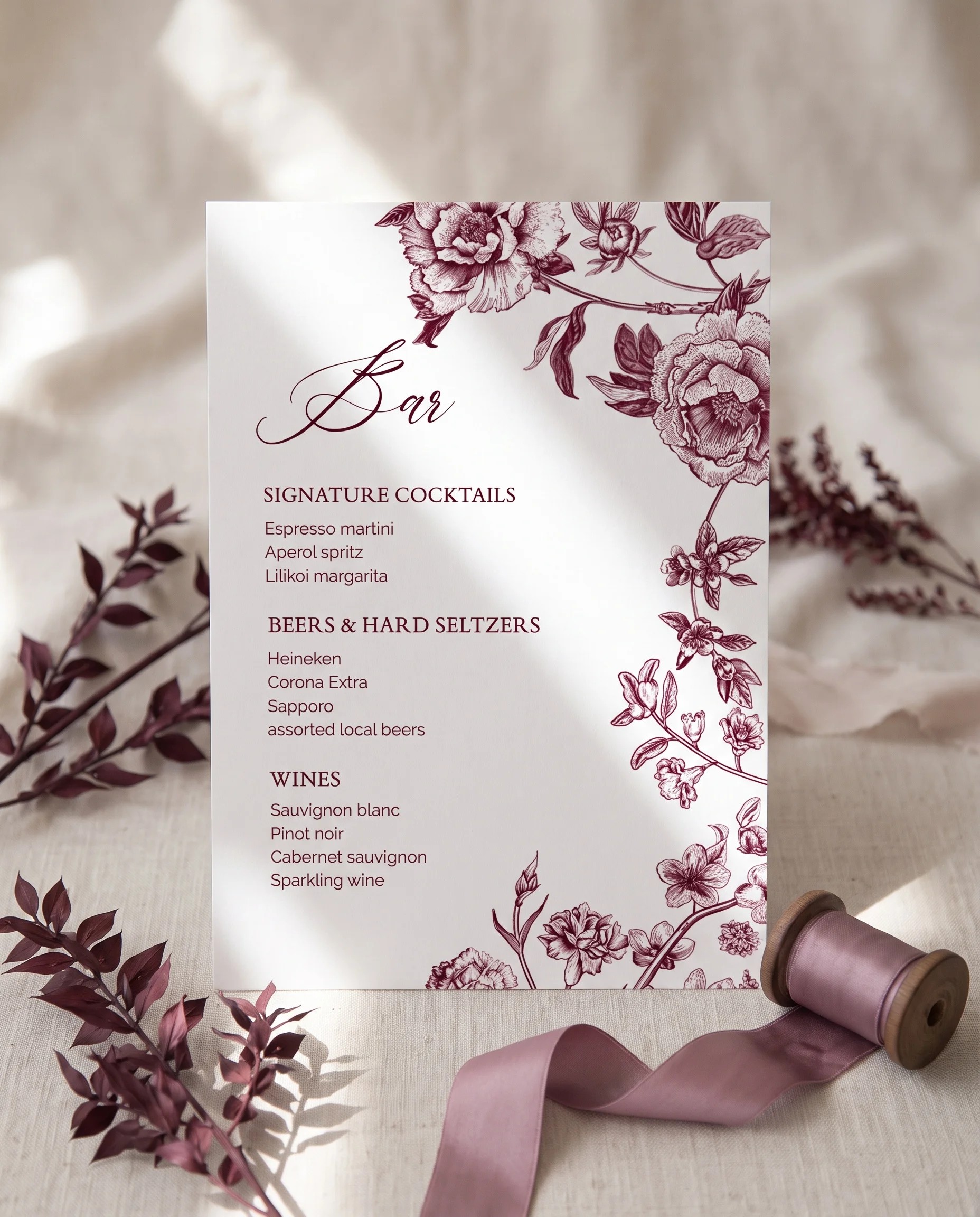 Chantilly — bar menu displayed upright on premium editorial paper under soft natural light with a slight overhead angle, wedding bar sign.