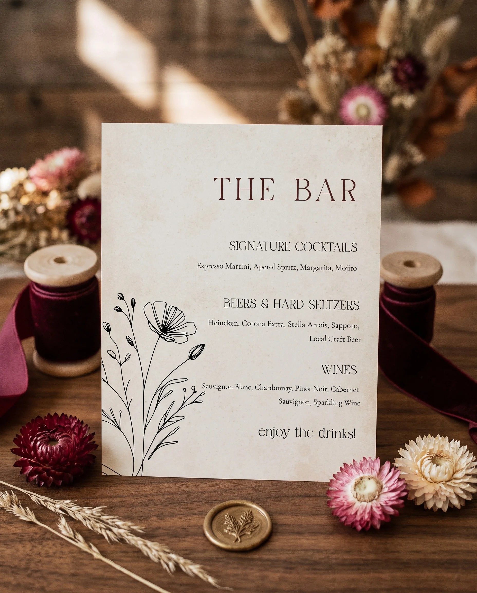Heritage Bloom — bar menu page displayed upright on premium editorial paper under soft natural light, wedding bar sign.