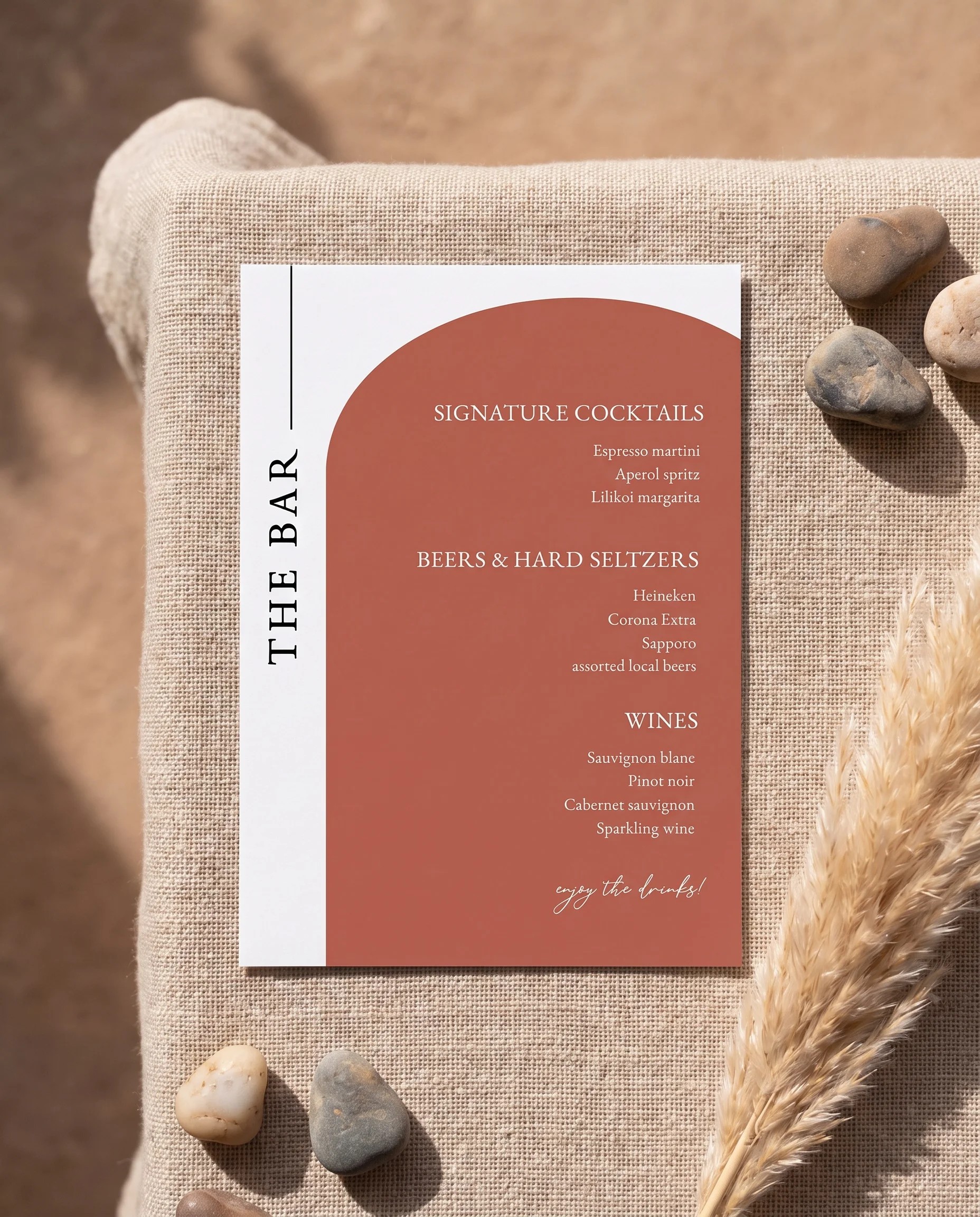 Desert Bloom — flat lay of the bar menu on premium editorial paper under soft natural light, wedding bar menu.